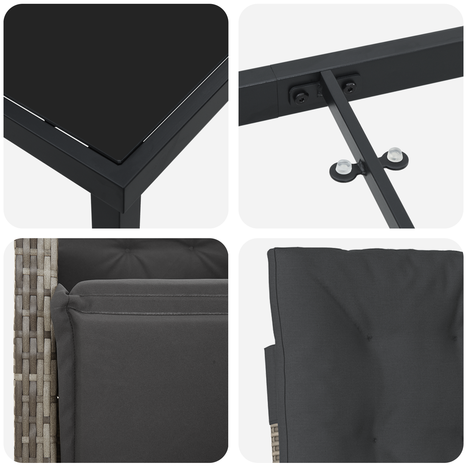 Set mese grădină  3 Piese cu perne Gri Poliratan, Masă grădină  Neagră 80x80x73 cm din sticlă securizată GartenMobel Dekor