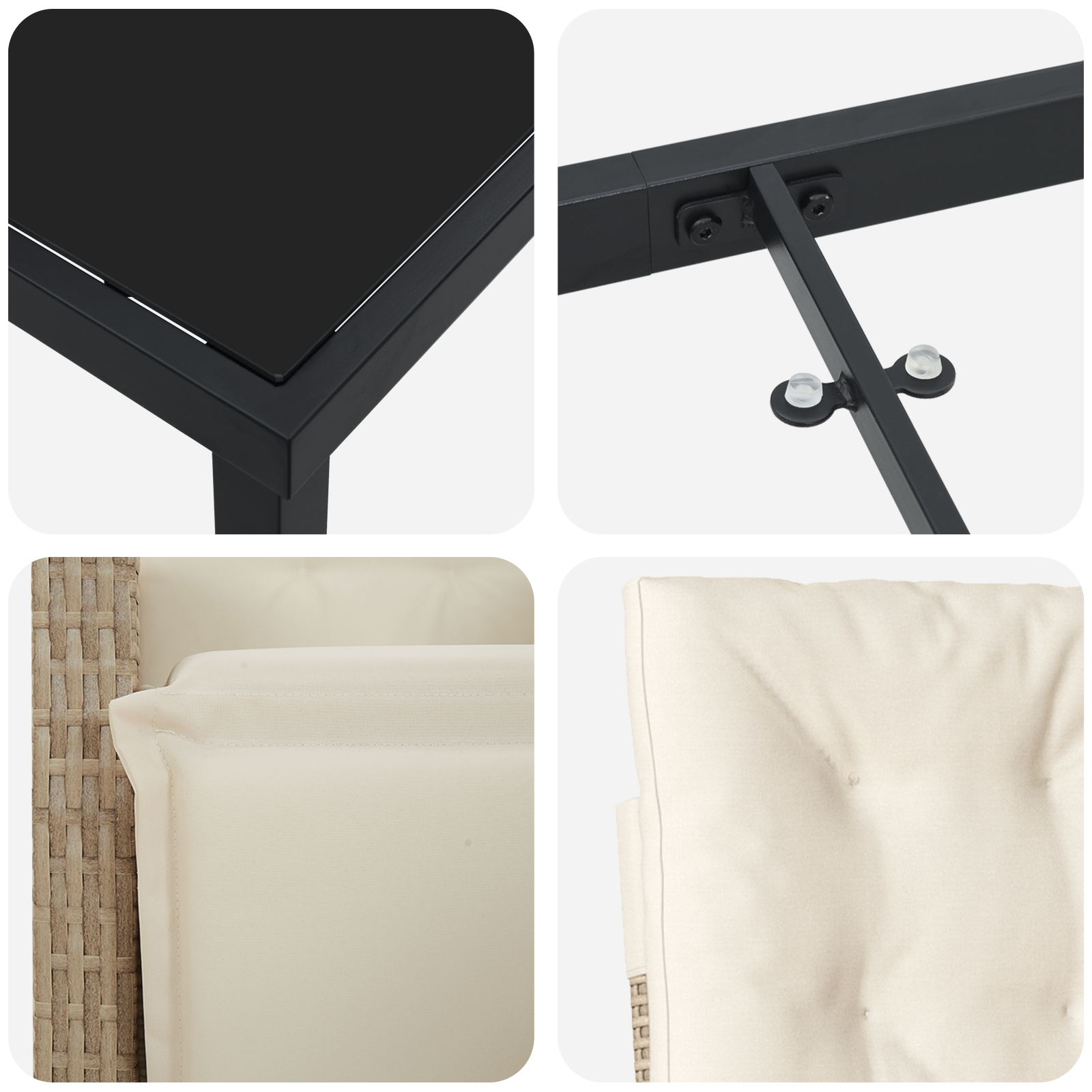 Set mese grădină  3 piese cu perne bej din ratan poli, Masă grădină  Neagră 80x80x73 cm din sticlă securizată GartenMobel Dekor