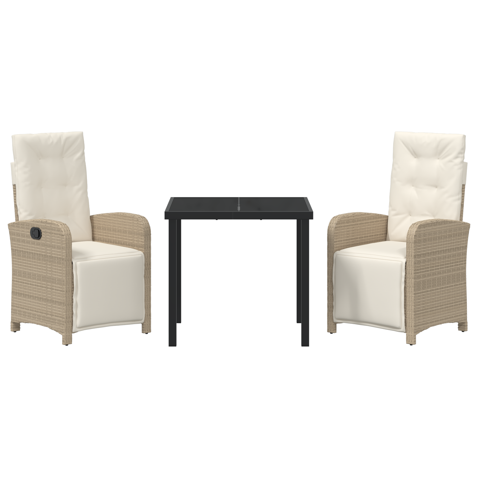 Set mese grădină  3 piese cu perne bej din ratan poli, Masă grădină  Neagră 80x80x73 cm din sticlă securizată GartenMobel Dekor