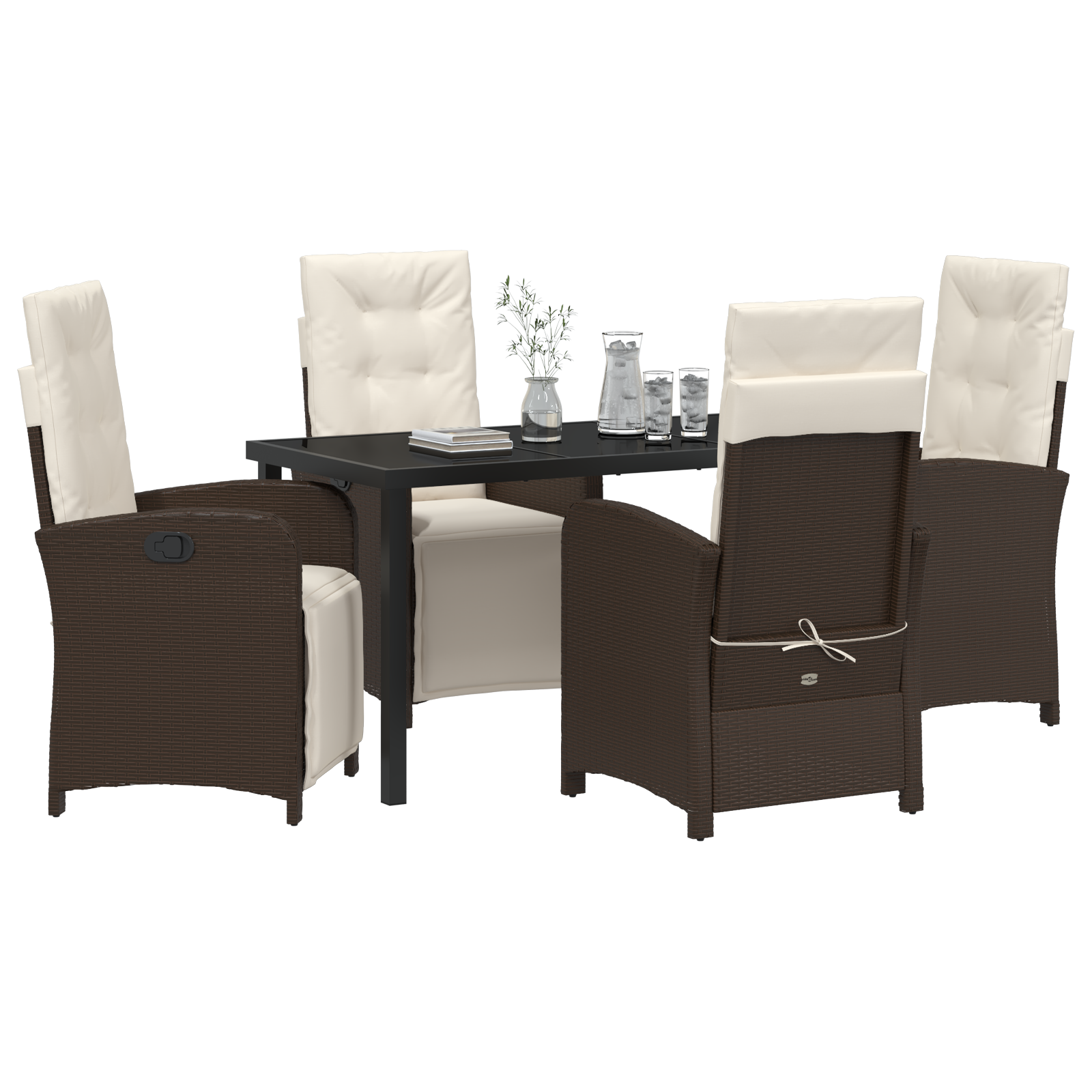 Set mese grădină 5 piese și perne din ratan polimeric maro, Masa grădină  neagră 140x80x73 cm, sticlă întărită GartenMobel Dekor