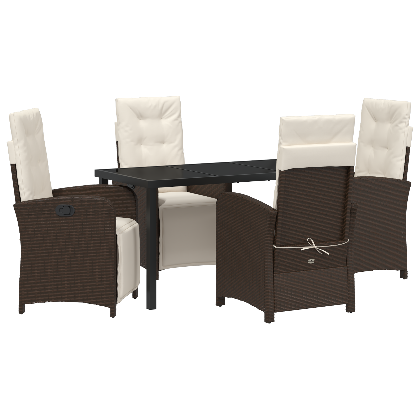 Set mese grădină 5 piese și perne din ratan polimeric maro, Masa grădină  neagră 140x80x73 cm, sticlă întărită GartenMobel Dekor