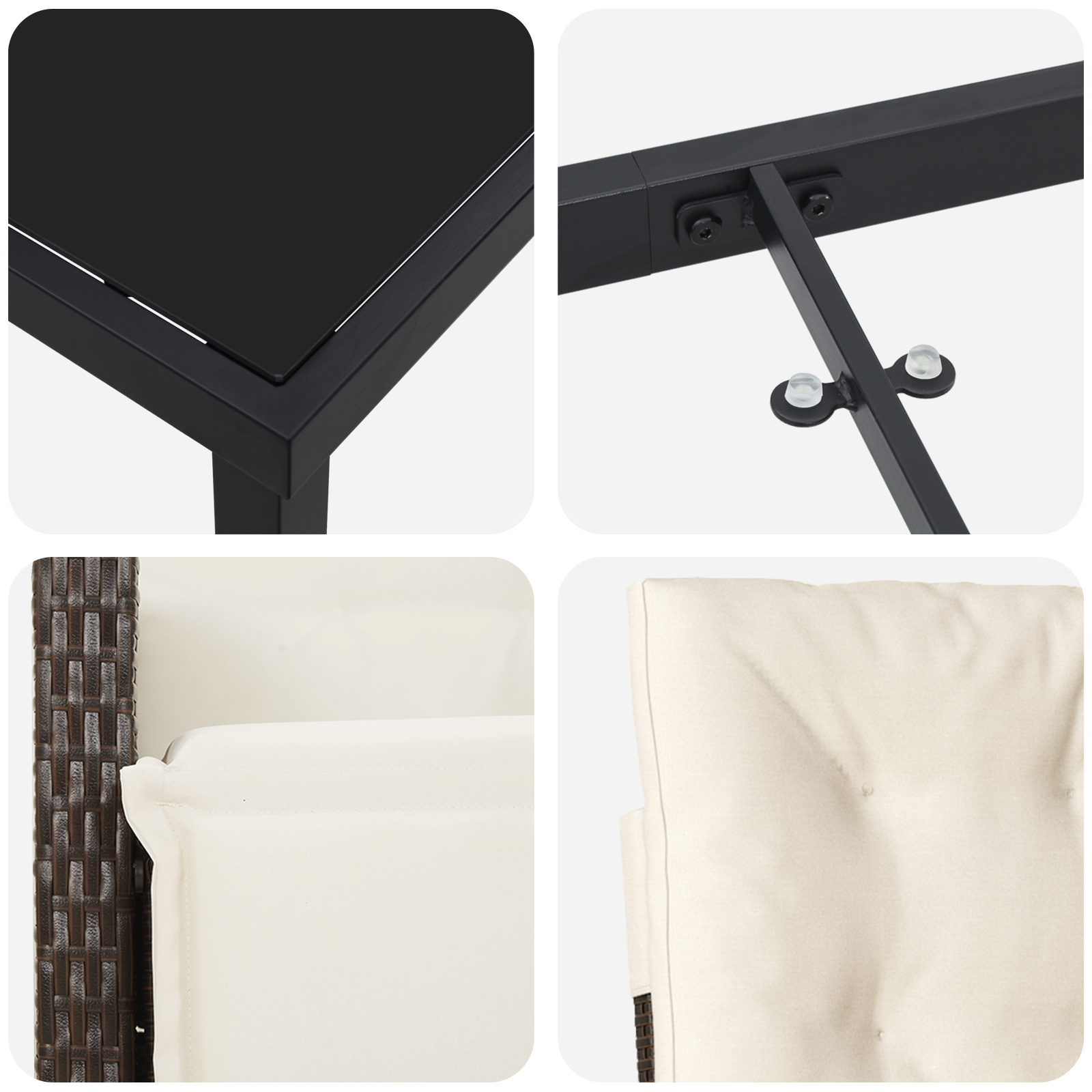 Set mese grădină 5 piese și perne din ratan polimeric maro, Masa grădină  neagră 140x80x73 cm, sticlă întărită GartenMobel Dekor