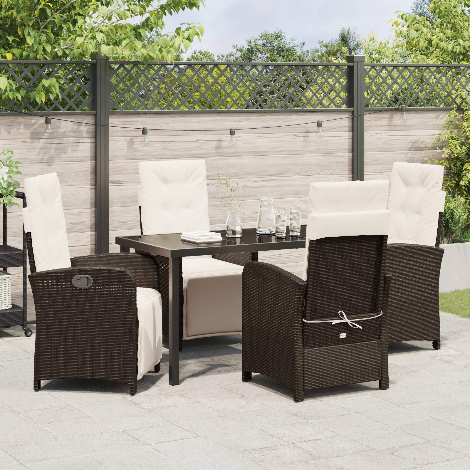 Set mese grădină 5 piese și perne din ratan polimeric maro, Masa grădină  neagră 140x80x73 cm, sticlă întărită GartenMobel Dekor
