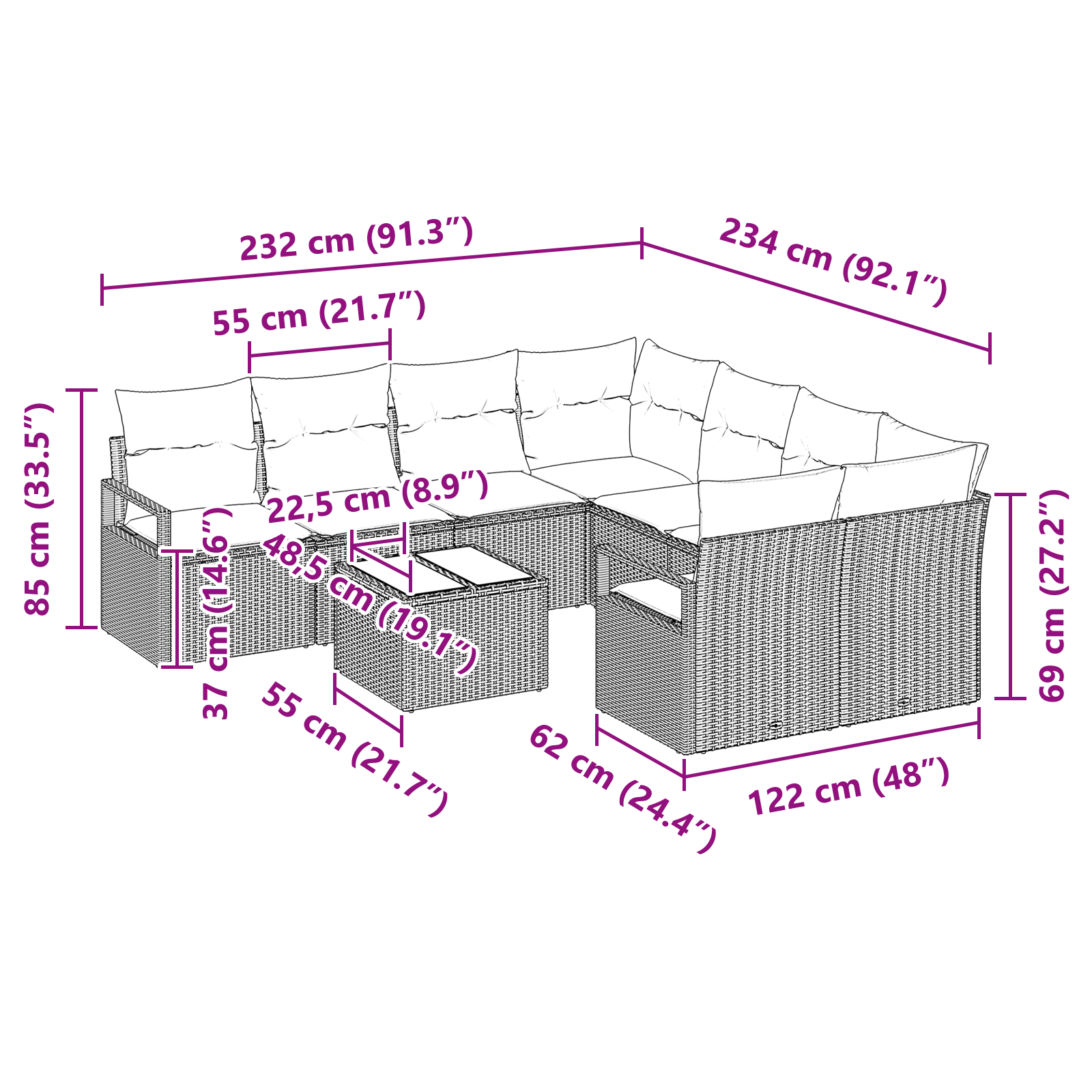 Set de canapea pentru grădină cu 9 piese și perne negre din poliratan, Set de canapea pentru grădină cu 2 locuri și perne negre din poliratan GartenMobel Dekor