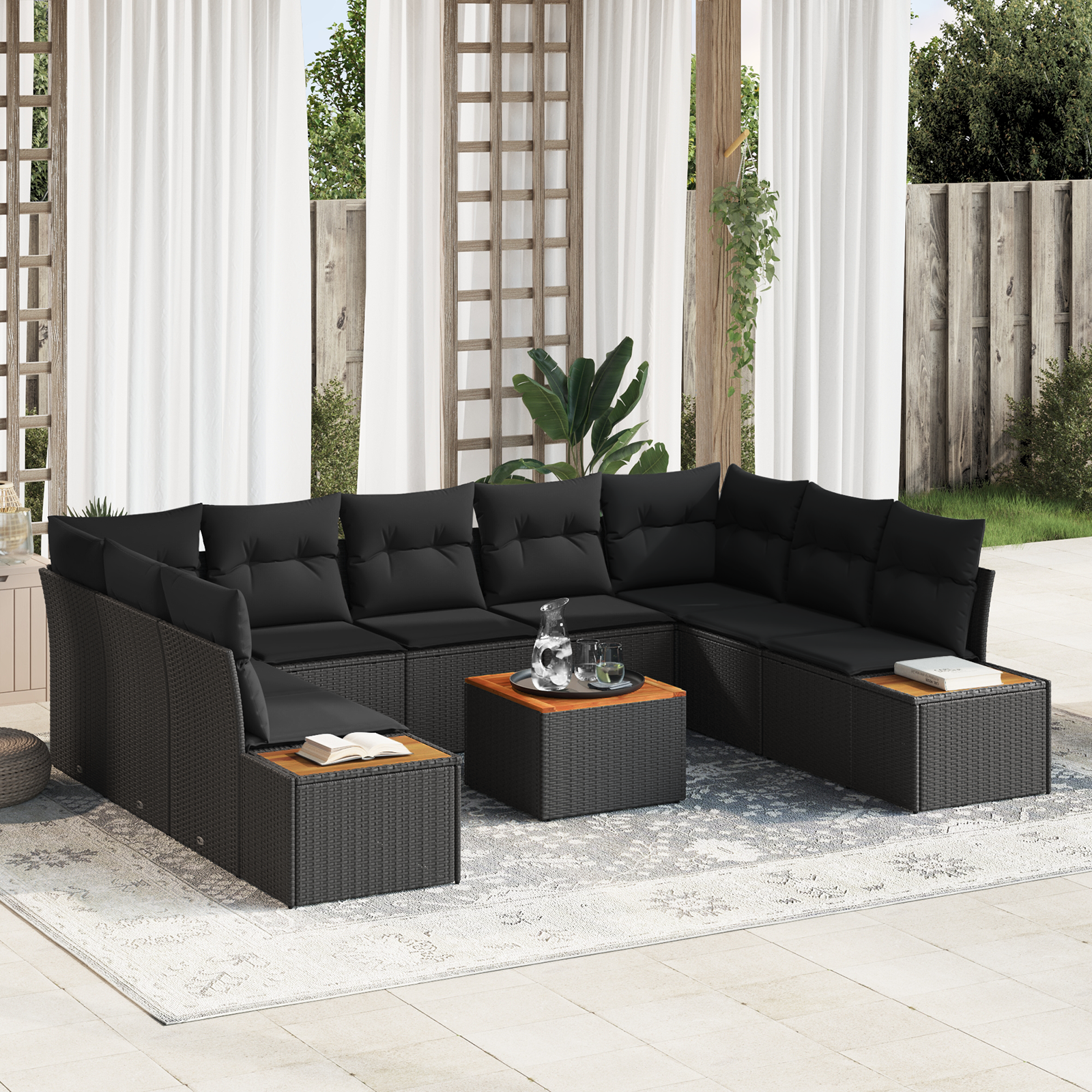 Set de Canapea de Grădină cu 10 Piese cu Perne Negru Poli Ratan Acacia GartenMobel Dekor