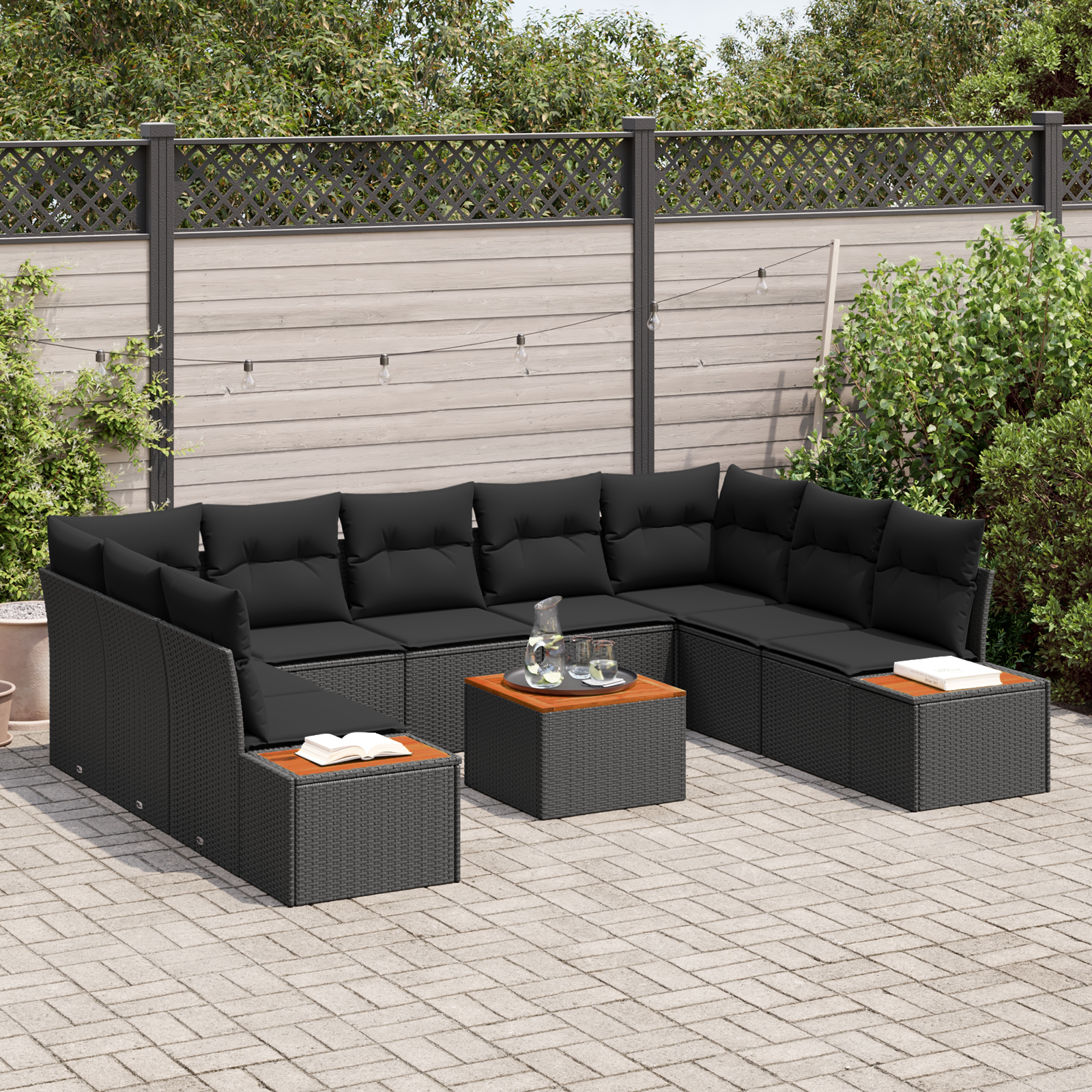 Set de Canapea de Grădină cu 10 Piese cu Perne Negru Poli Ratan Acacia GartenMobel Dekor