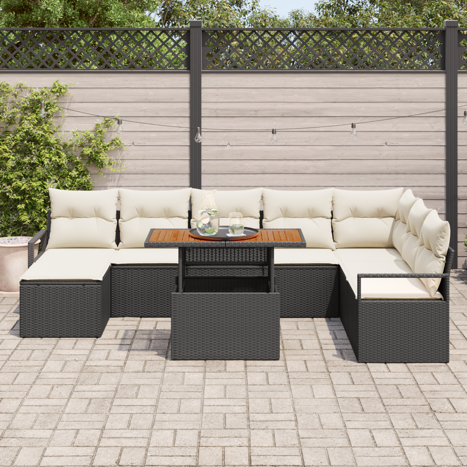 Set canapele grădină 9 piese cu perne Ratan Sintetic Negru Acacia, Set canapea grădină 2 locuri cu perne Ratan Sintetic Negru GartenMobel Dekor