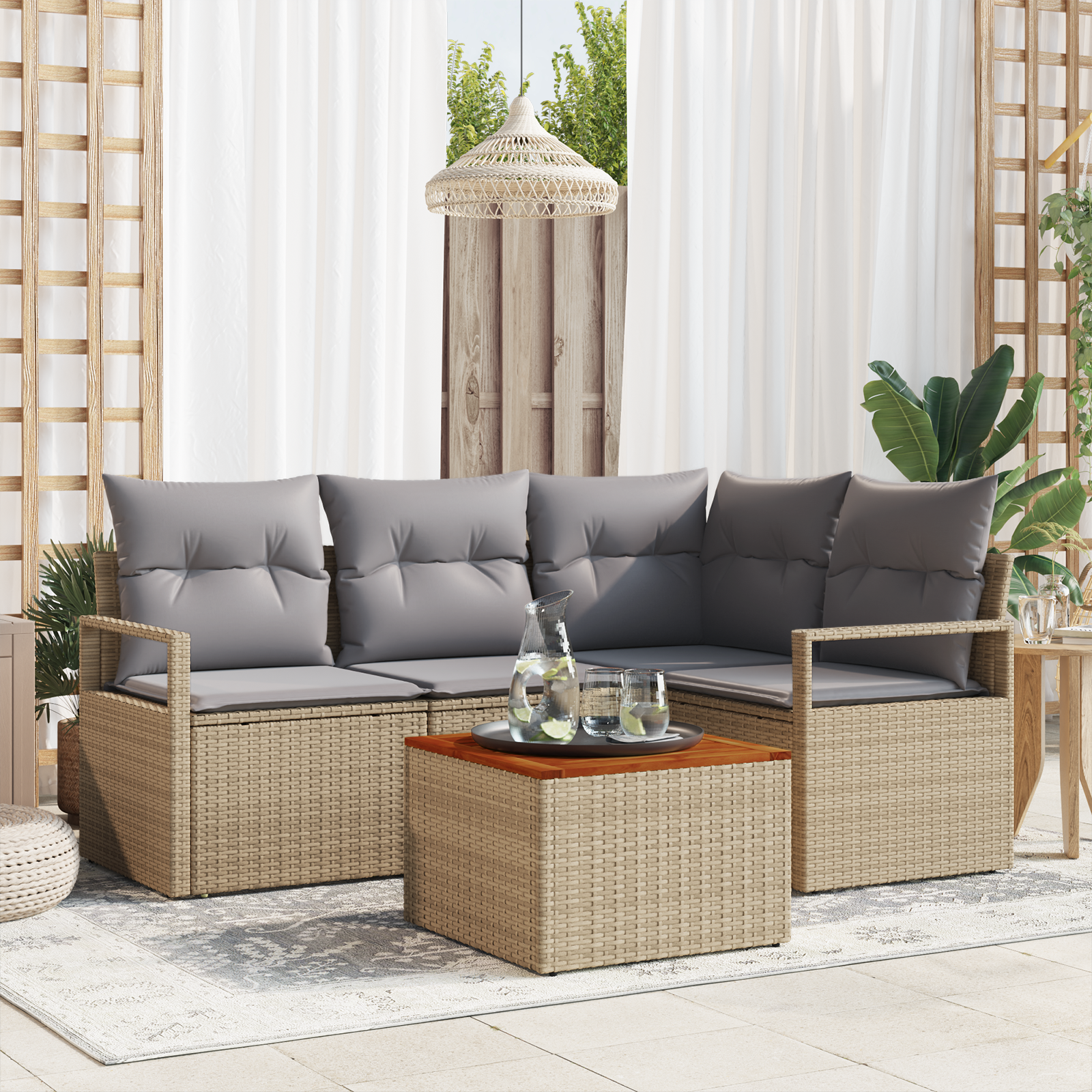 Set de 5 Piese für Grădină cu Pernițe Bej Ratan Polimeric Acacia, Sofa de Grădină cu 2 Locuri cu Pernițe Bej Ratan Polimeric GartenMobel Dekor