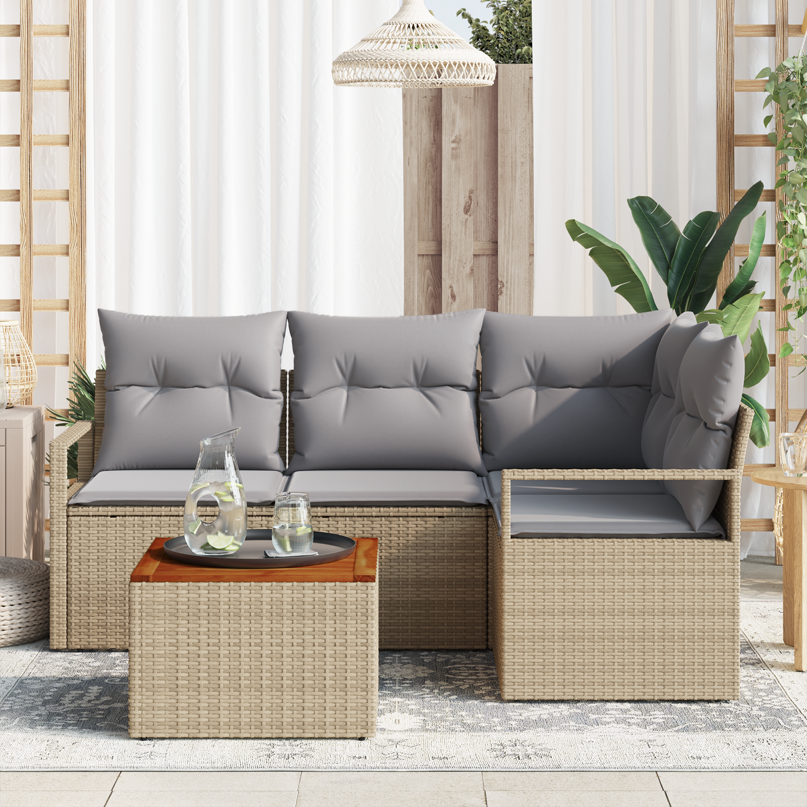 Set de 5 Piese für Grădină cu Pernițe Bej Ratan Polimeric Acacia, Sofa de Grădină cu 2 Locuri cu Pernițe Bej Ratan Polimeric GartenMobel Dekor