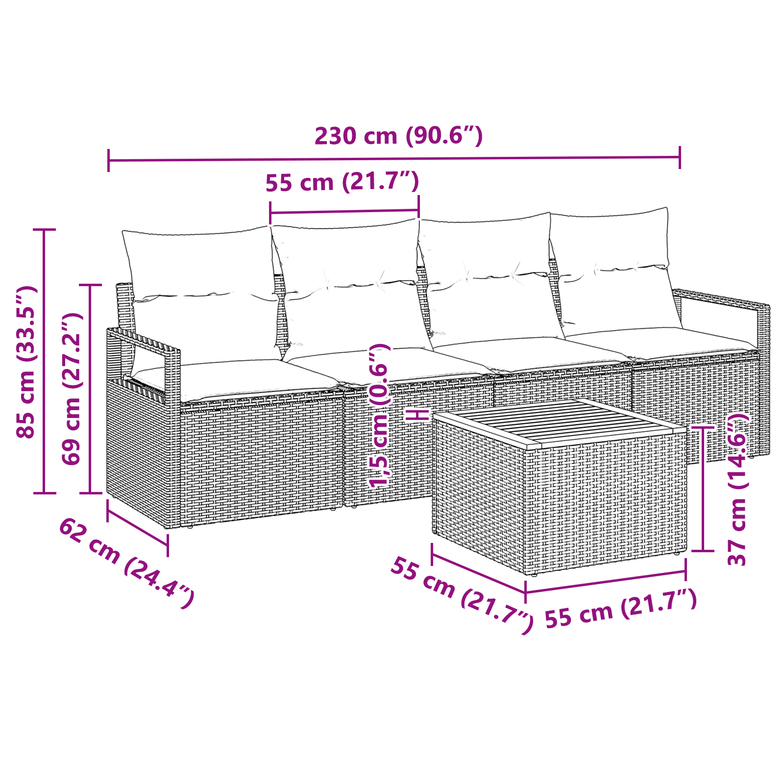 Set canapea pentru grădină cu 5 piese și perne Negru Ratan Poly Acacia, Canapea de grădină pentru 2 persoane cu depozitare și perne Negru Ratan Poly GartenMobel Dekor