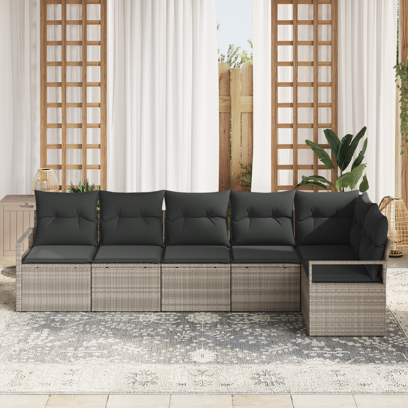 Set de canapea de grădină cu 6 piese și perne gri deschis din ratan, Canapea de grădină cu 2 locuri și depozitare & perne gri din ratan GartenMobel Dekor