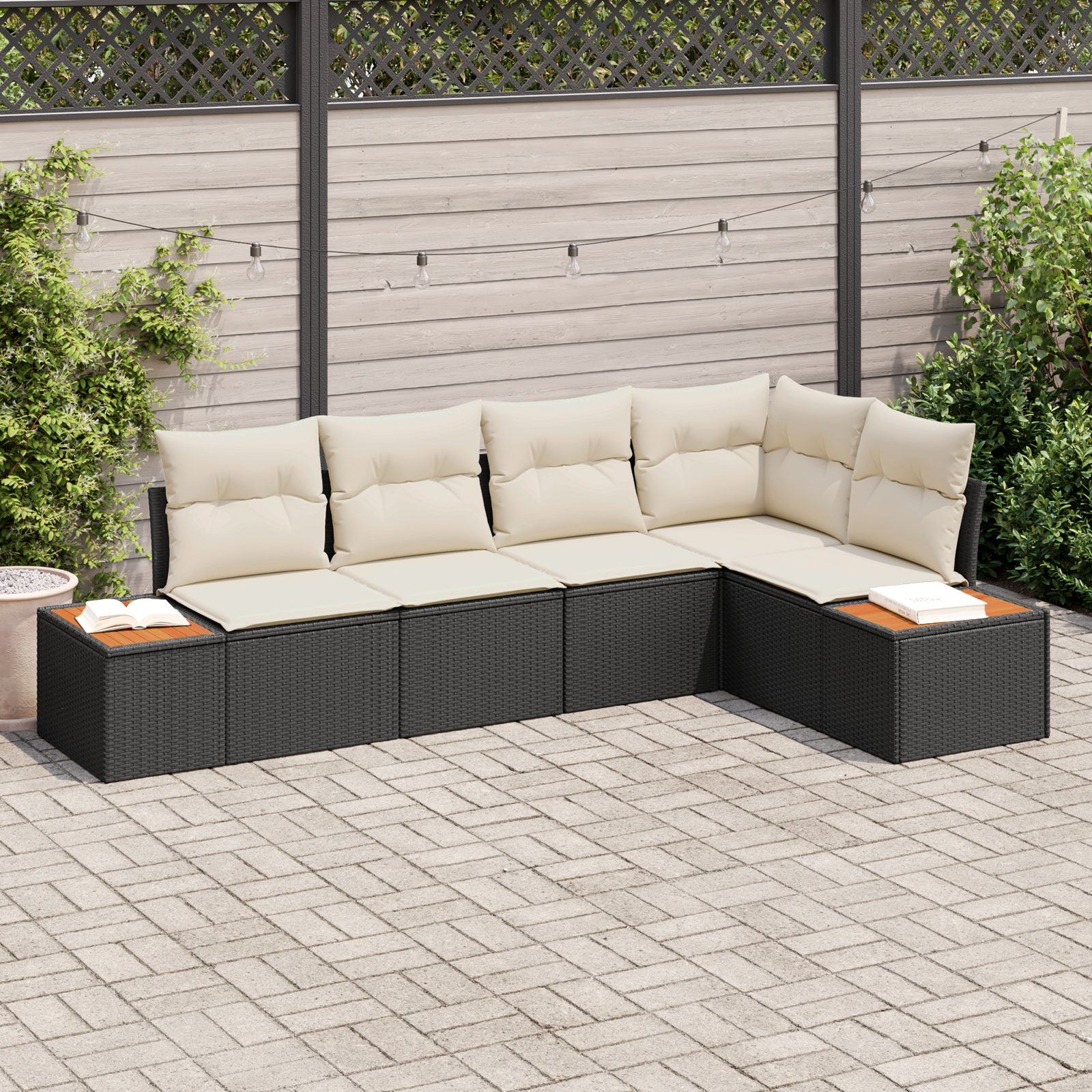 Set canapea grădină 5 piese cu perne - Rattan negru și acacia, Canapea grădină 2 locuri cu depozitare și perne - Rattan negru GartenMobel Dekor