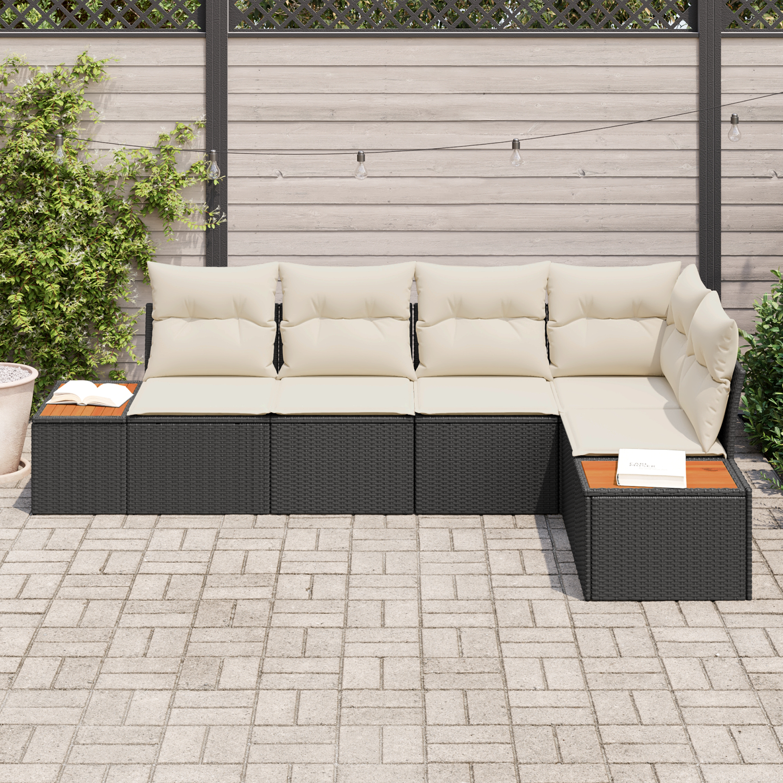 Set canapea grădină 5 piese cu perne - Rattan negru și acacia, Canapea grădină 2 locuri cu depozitare și perne - Rattan negru GartenMobel Dekor
