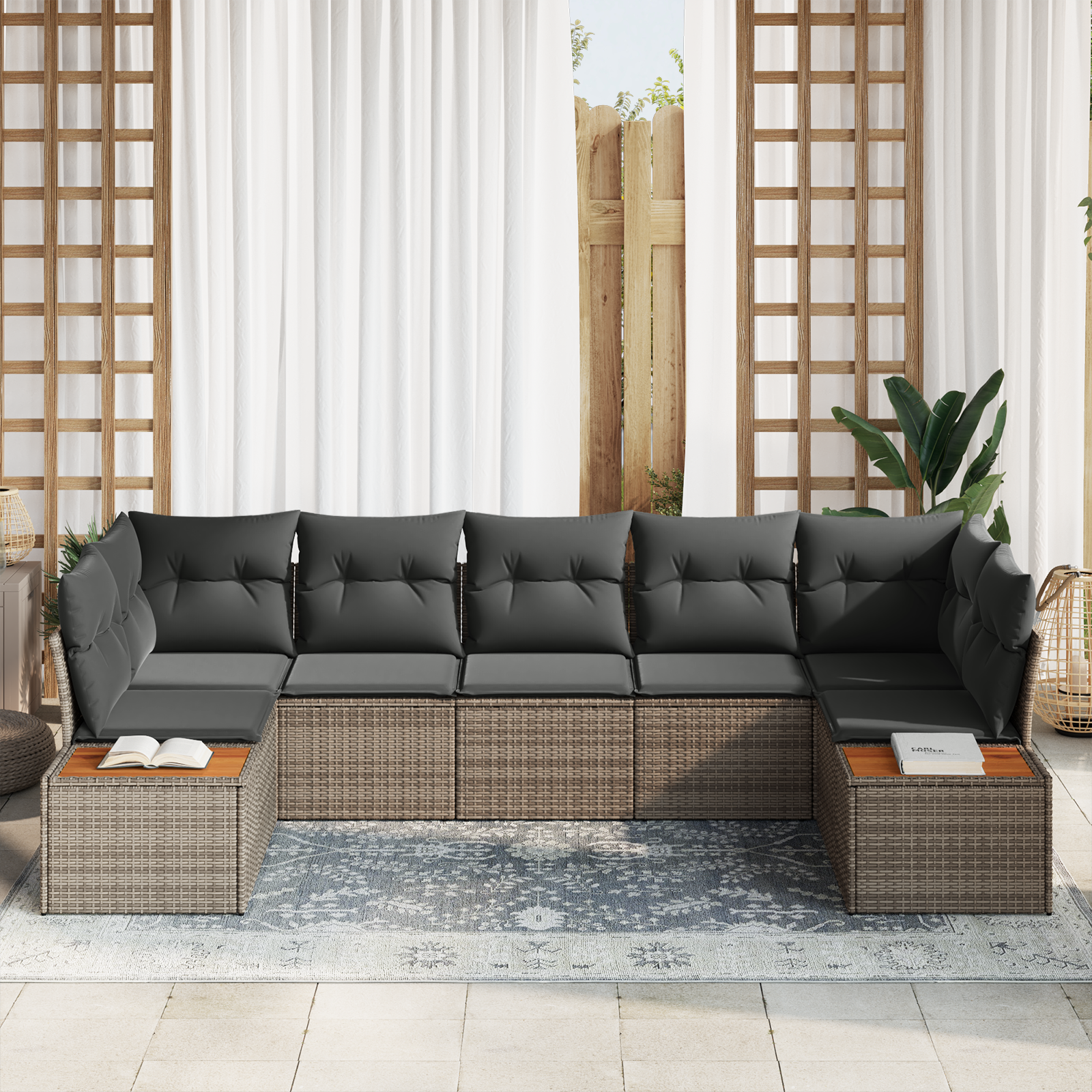 Set Canapea Grădină 7 Piese cu Perne Gri Poli Ratan, Set Canapea Grădină 2-Locuri cu Depozitare & Perne Gri Poli Ratan GartenMobel Dekor