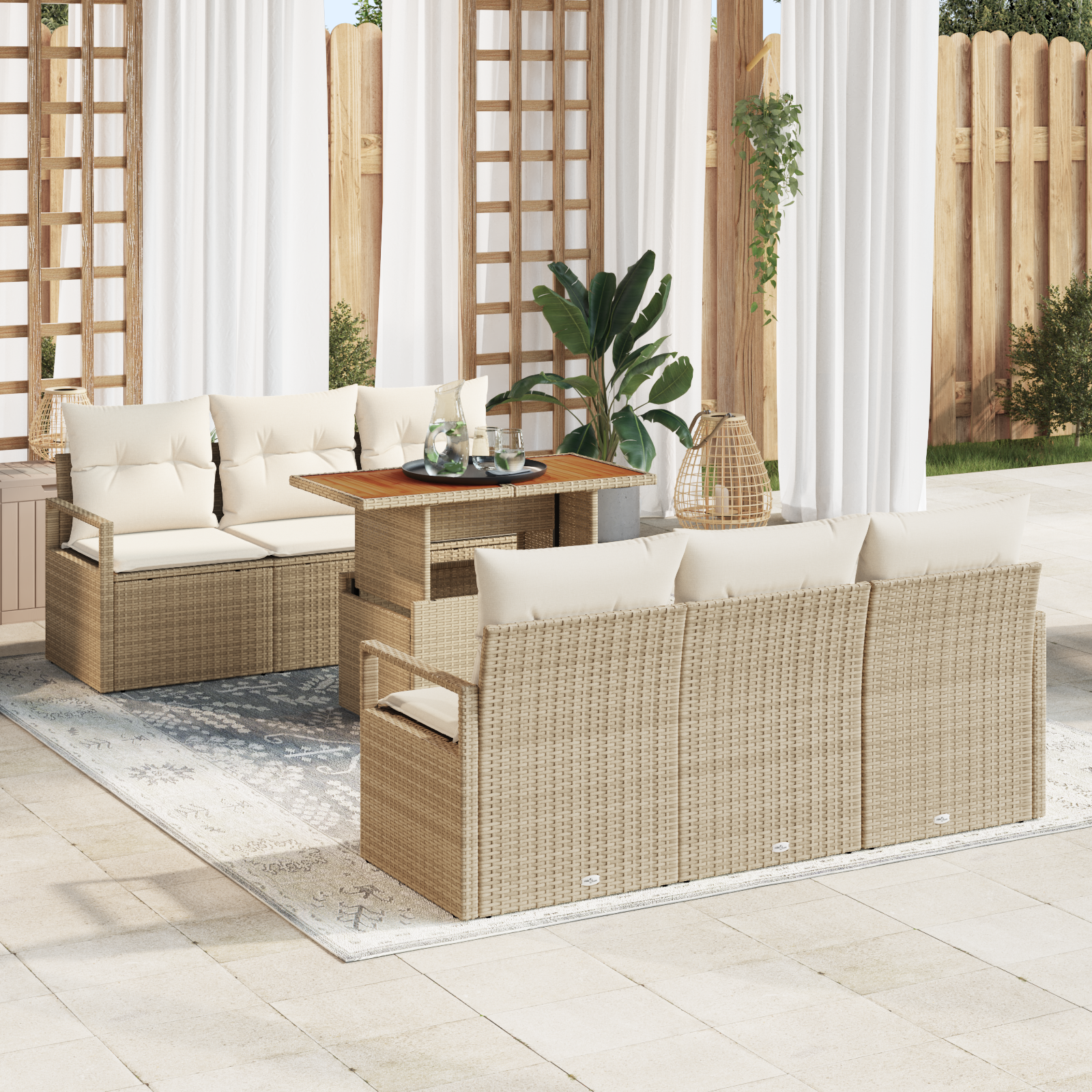 Set de Canapea Grădină 7 Piese cu Perne Bej Rattan Poly, Canapea Grădină 2-Seat cu Depozitare & Perne Bej Rattan Poly GartenMobel Dekor