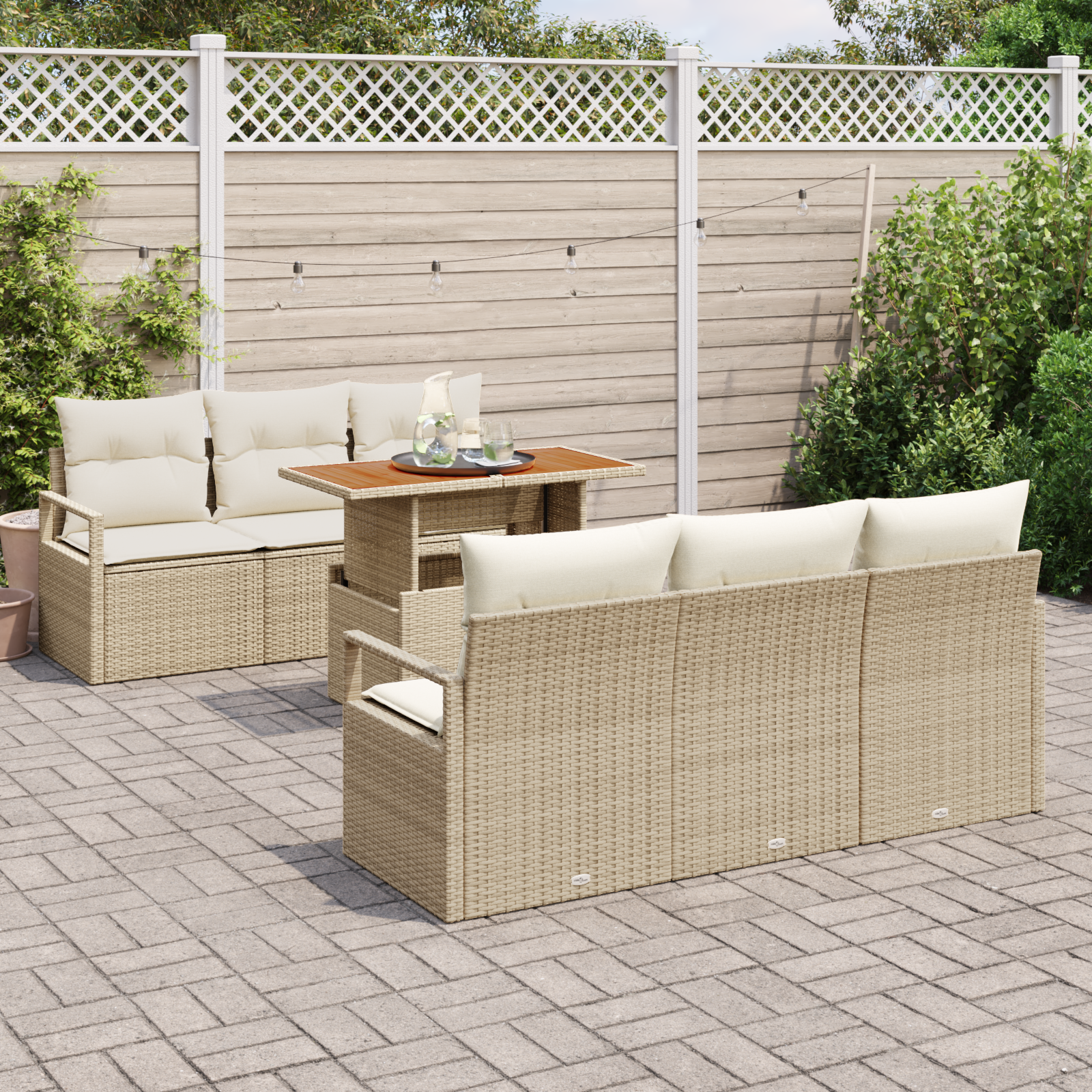 Set de Canapea Grădină 7 Piese cu Perne Bej Rattan Poly, Canapea Grădină 2-Seat cu Depozitare & Perne Bej Rattan Poly GartenMobel Dekor