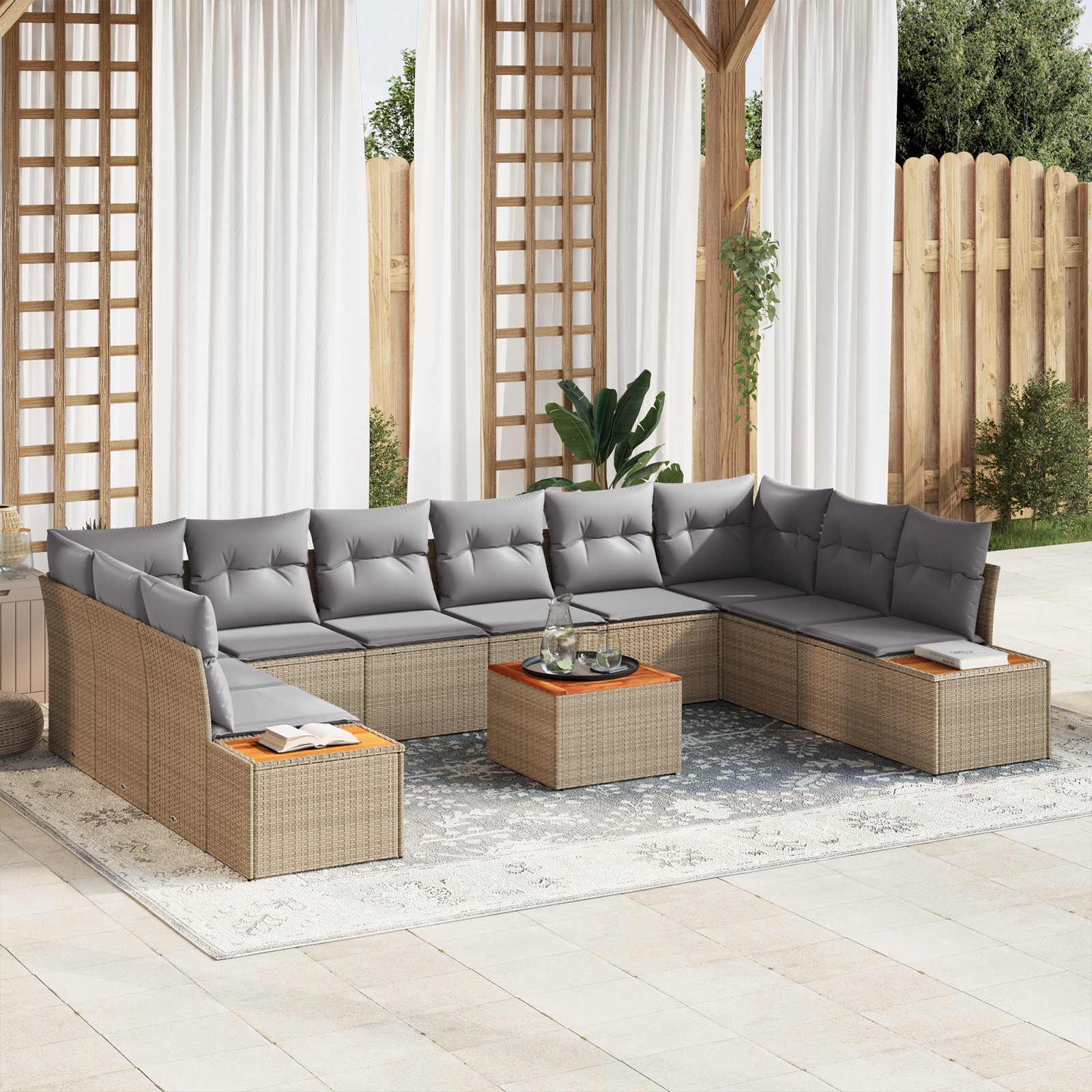 Set de Sofa de Grădină cu Pernuțe Bej Ratan Poliester Acacia, Sofa de Grădină cu 2 Locuri cu Spațiu de Depozitare & Pernuțe Bej Ratan Poliester GartenMobel Dekor