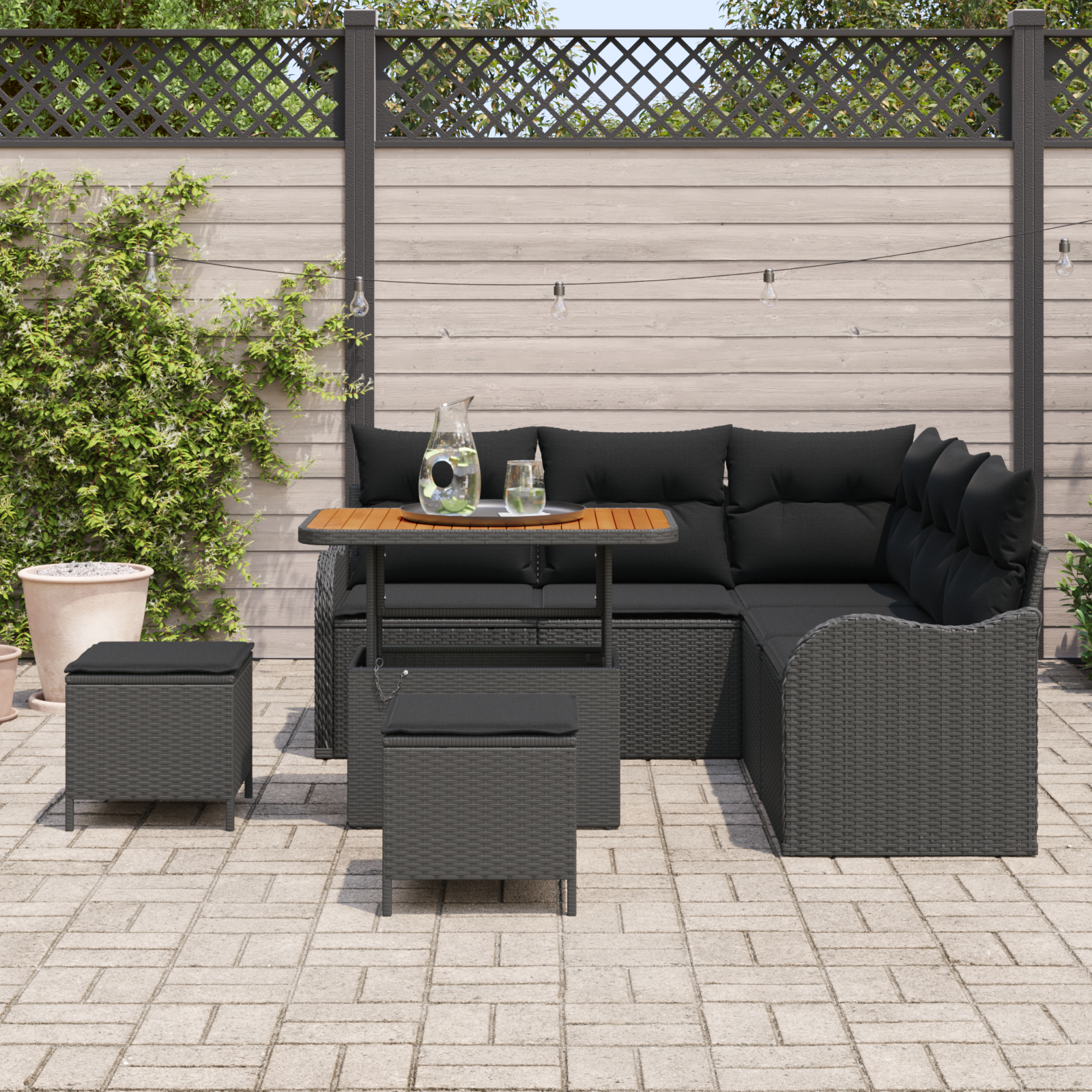 Set canapea grădină cu 8 piese și perne Ratan negru Acacia, Canapea grădină cu două locuri și perne Ratan negru, Set dining grădină cu 3 piese și perne Ratan negru GartenMobel Dekor