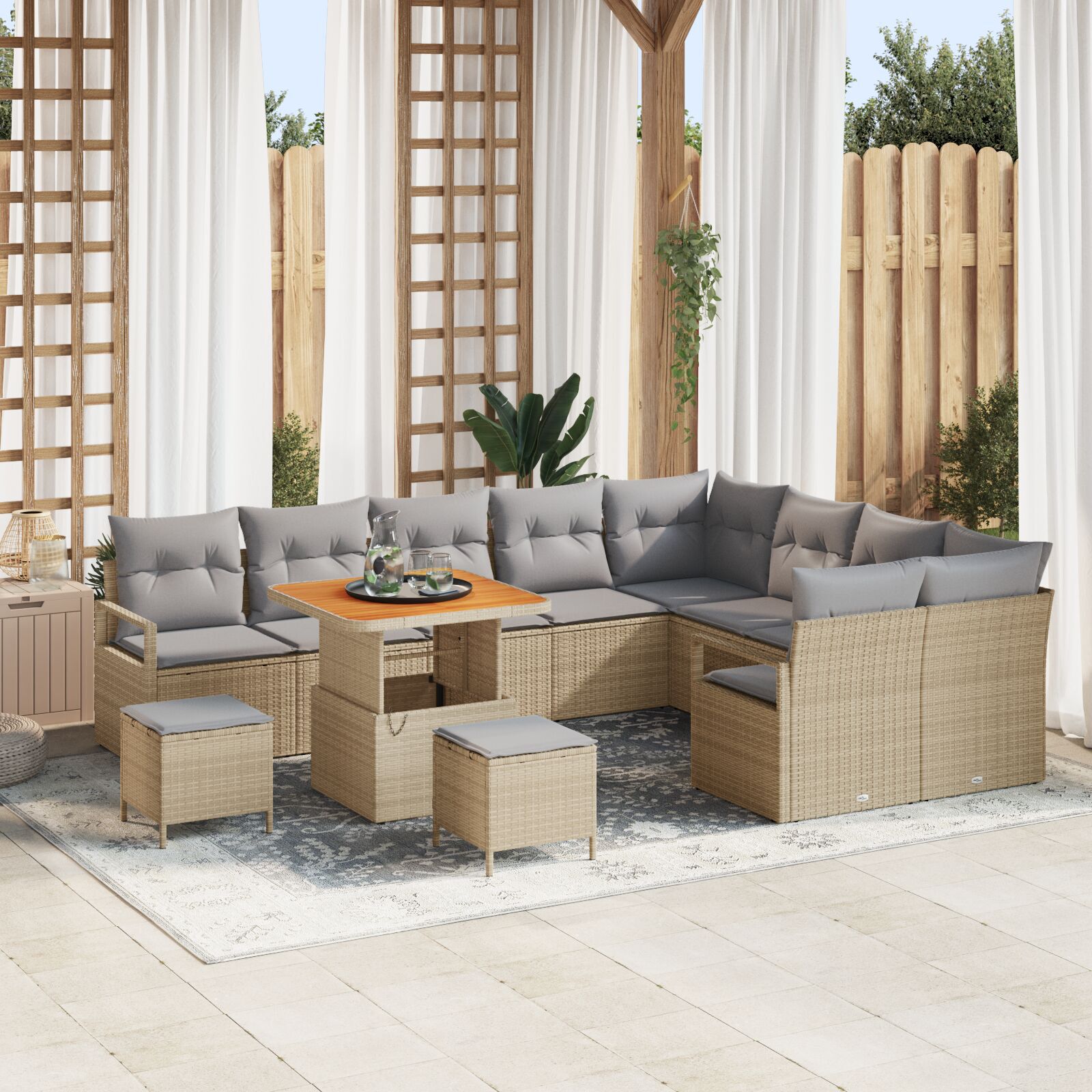 Set de 12 piese de sofa pentru grădină cu perne din poliratan bej acacia, Set de dining pentru grădină cu 3 piese și perne din poliratan bej acacia, Sofa de grădină cu 2 locuri și perne din poliratan bej GartenMobel Dekor