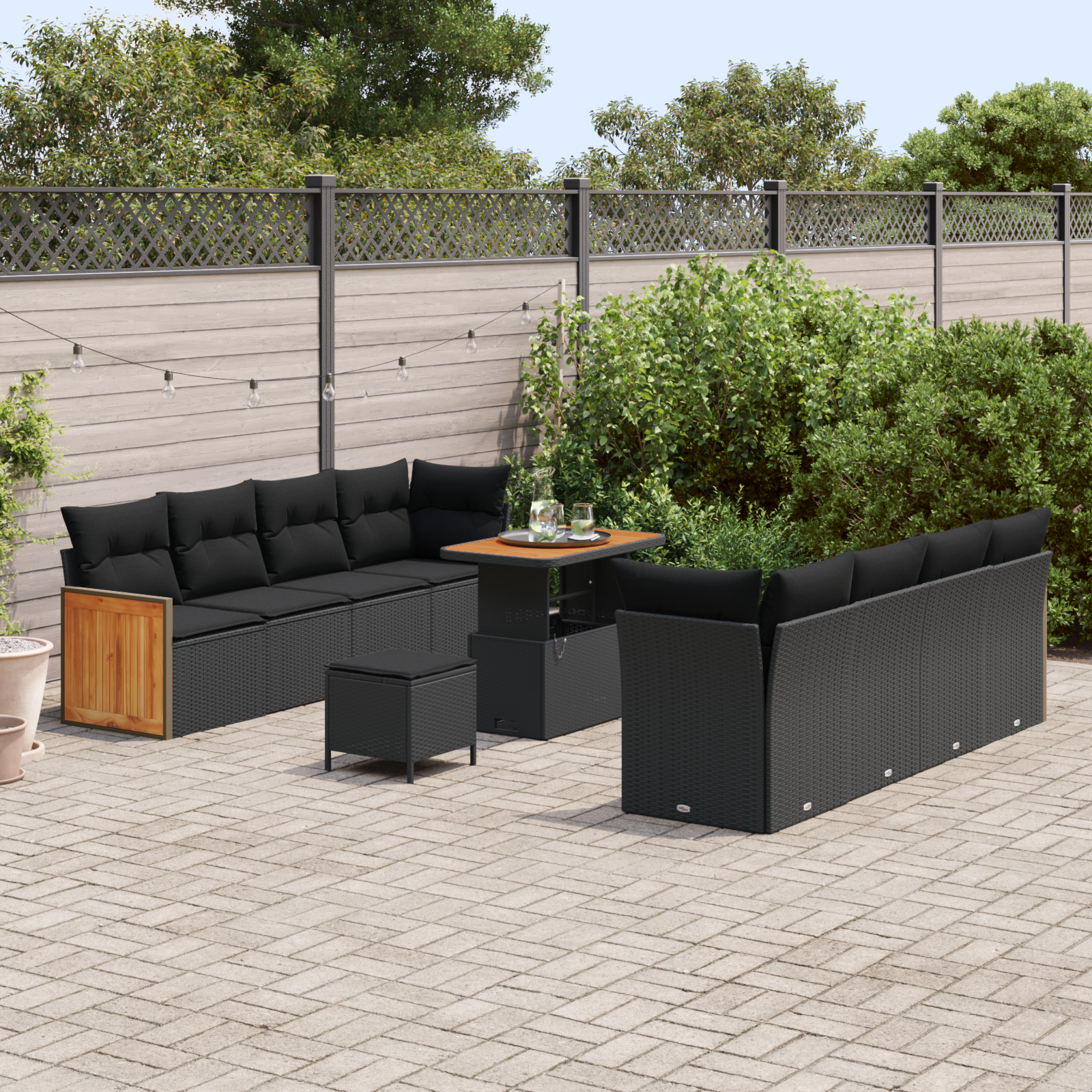Set de sofa de grădină 11 Piese cu perne Negru Poliratan Acacia, Sofa de grădină cu 2 locuri cu perne Negru Poliratan, Set de mese de grădină 3 Piese cu perne Negru Poliratan Acacia GartenMobel Dekor