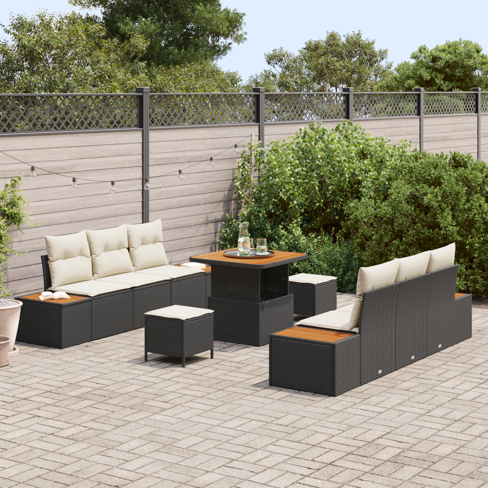 Set de sofa de grădină 9 piese cu perne Ratan Poli Negru Acacia GartenMobel Dekor