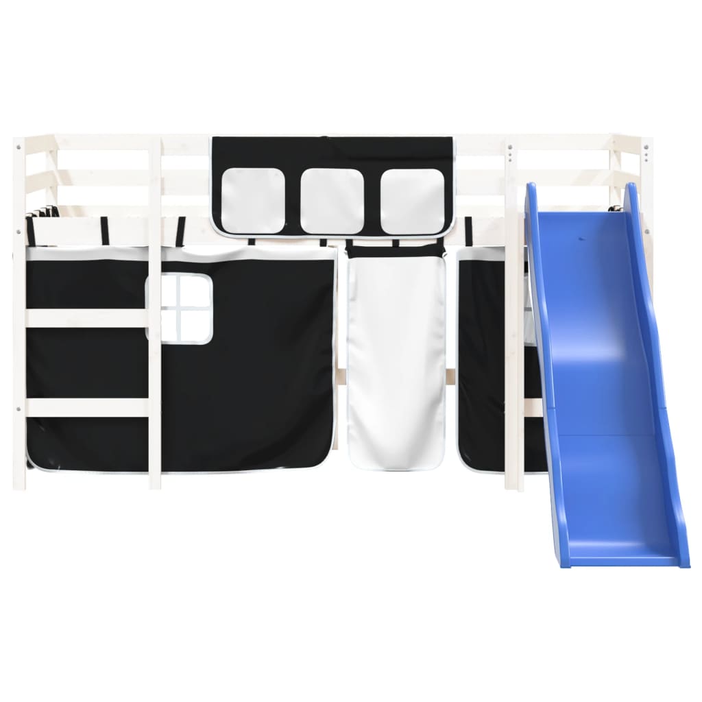 Pat etajat de copii perdele, alb/negru 90x190 cm lemn masiv pin GartenMobel Dekor