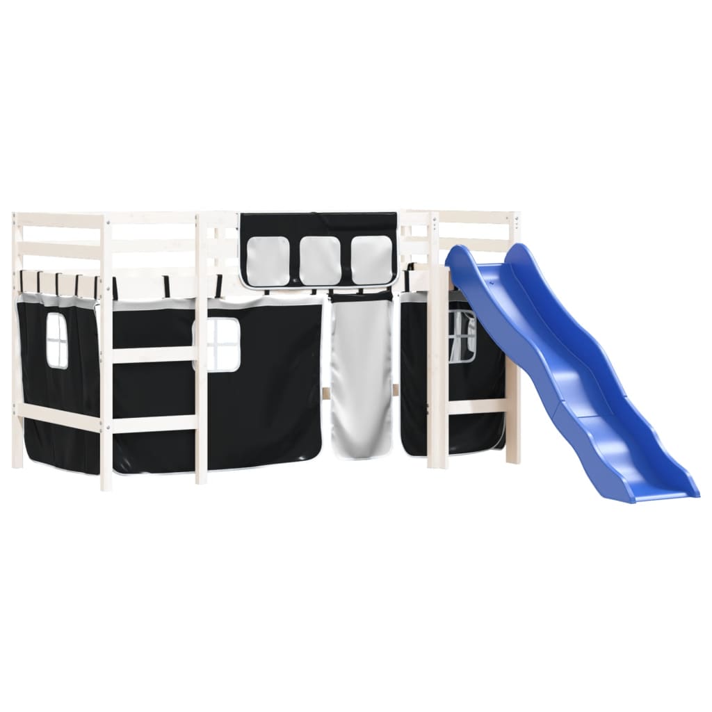 Pat etajat de copii perdele, alb/negru 90x190 cm lemn masiv pin GartenMobel Dekor