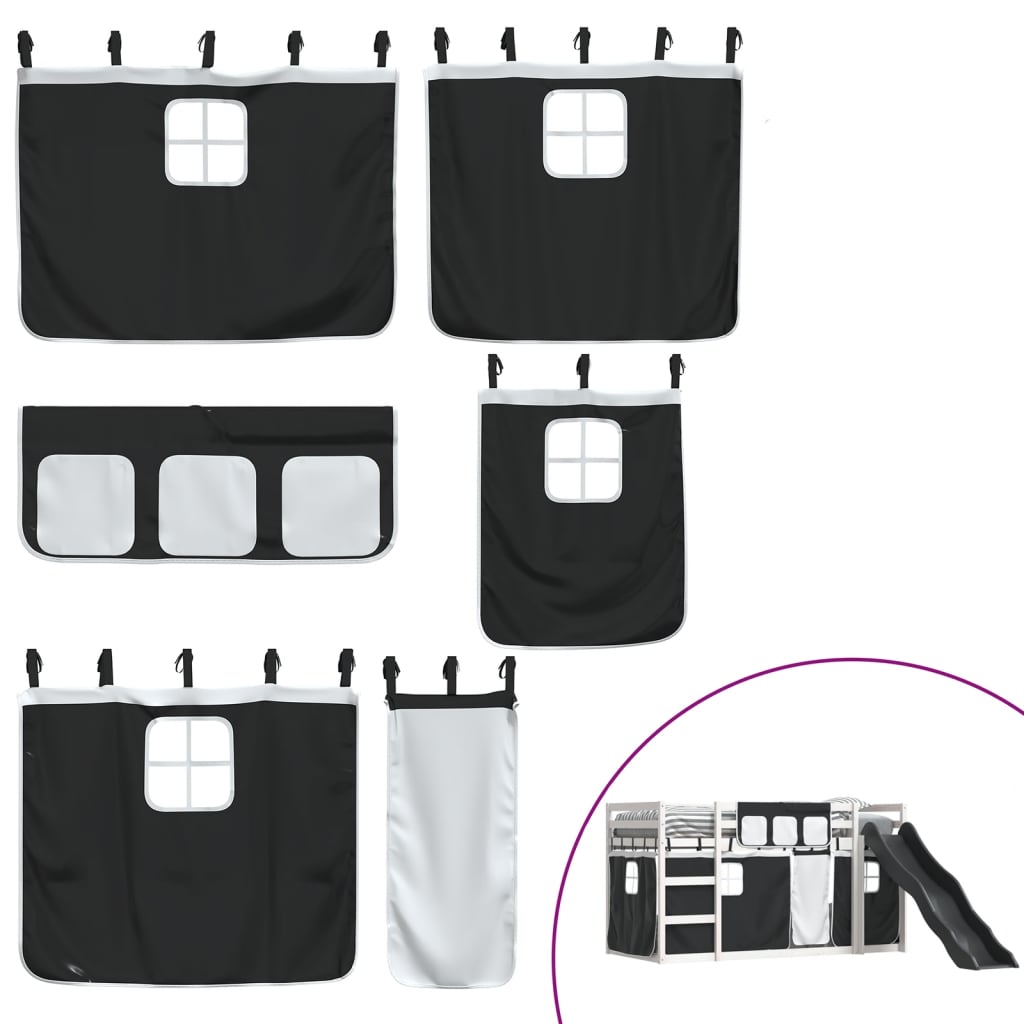 Pat supraetajat cu tobogan și perdele, alb și negru, 80x200 cm GartenMobel Dekor