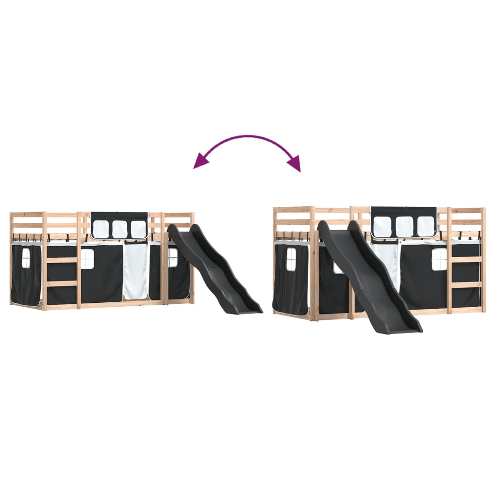 Pat supraetajat cu tobogan și perdele, alb și negru, 80x200 cm GartenMobel Dekor