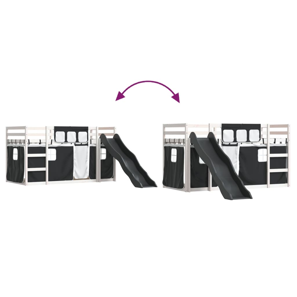 Pat supraetajat cu tobogan și perdele, alb și negru, 80x200 cm GartenMobel Dekor
