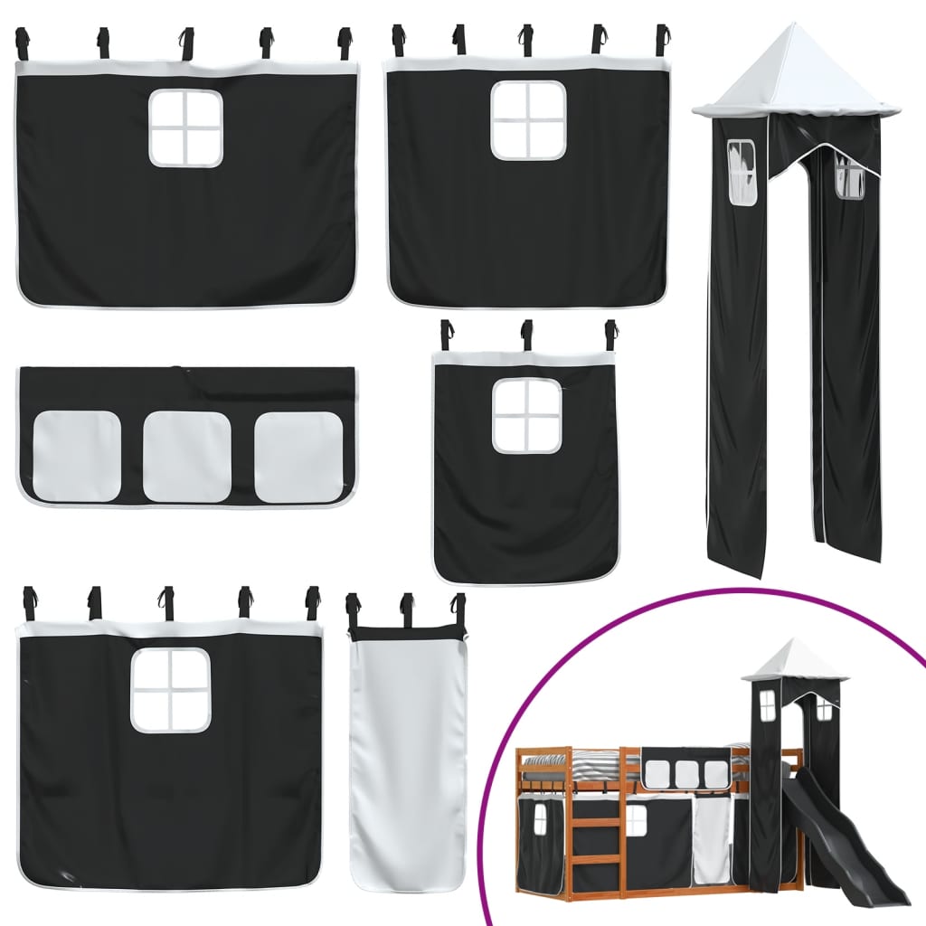 Pat supraetajat cu tobogan și perdele, alb și negru, 90x200 cm GartenMobel Dekor