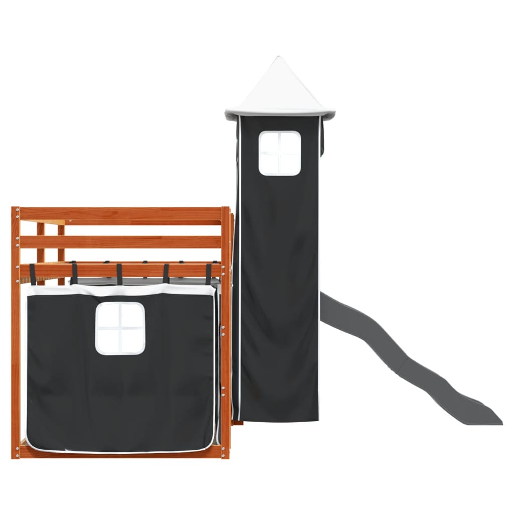 Pat supraetajat cu tobogan și perdele, alb și negru, 90x200 cm GartenMobel Dekor