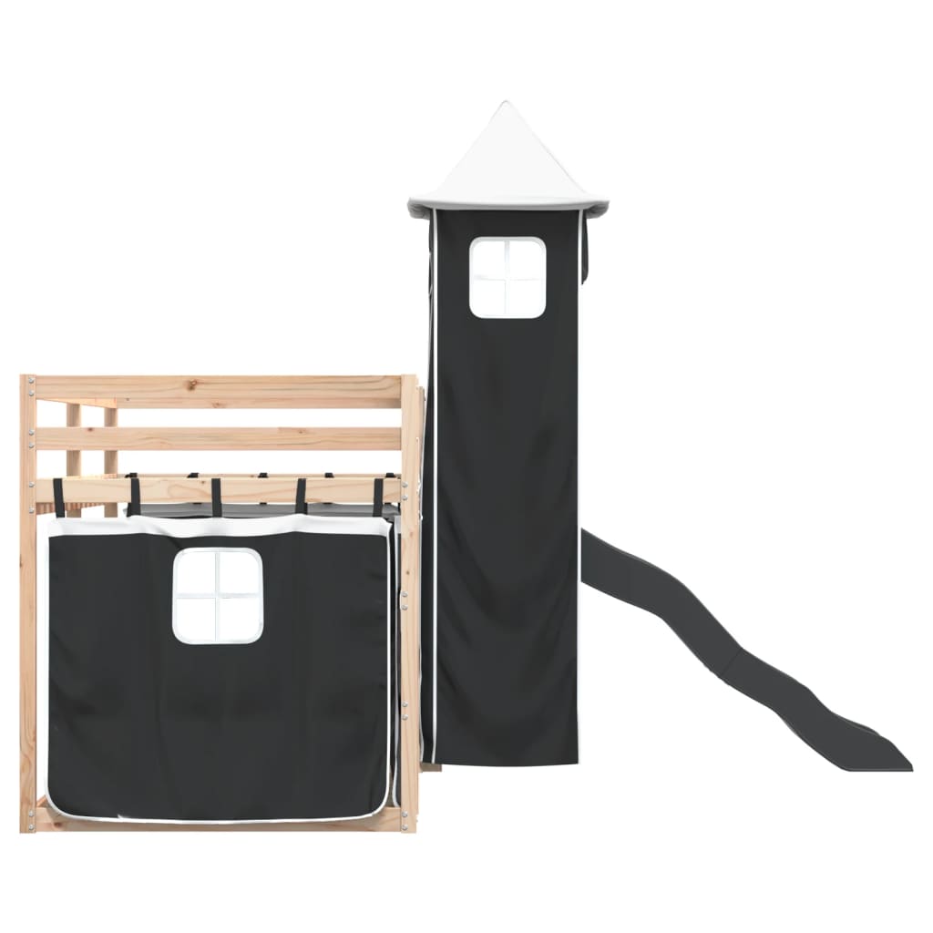 Pat supraetajat cu tobogan și perdele, alb și negru, 90x190 cm GartenMobel Dekor