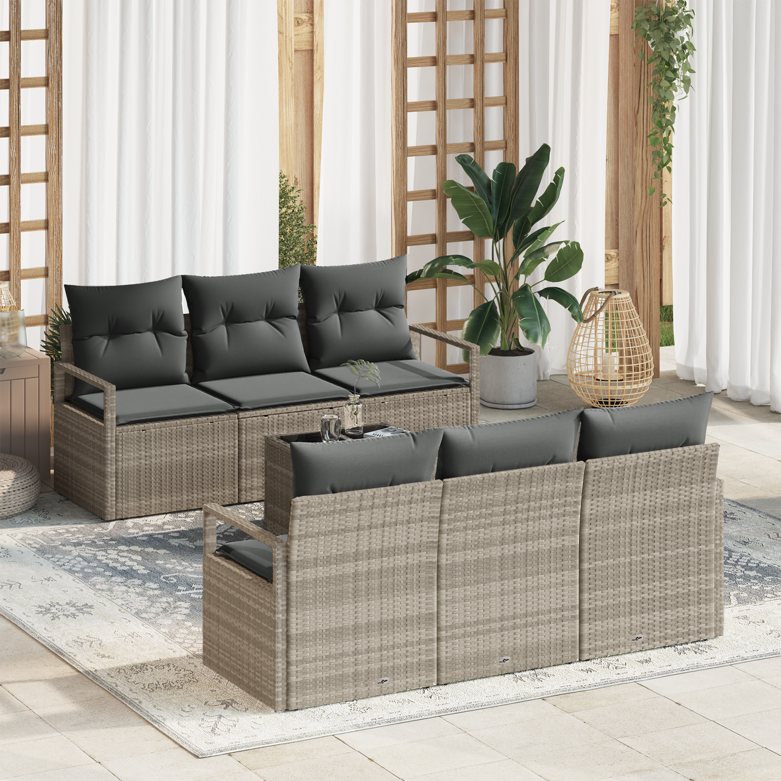 Set de sofa de grădină cu perne gri deschis din ratan polimer, Sofa de grădină pentru 2 persoane cu perne gri din ratan polimer GartenMobel Dekor