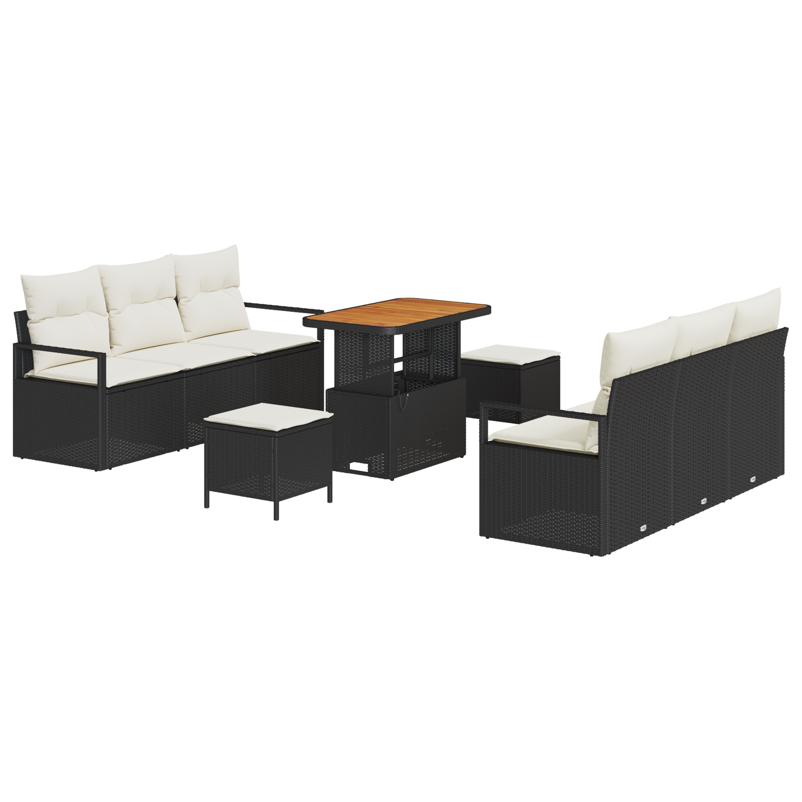 Set de canapea de grădină cu 9 piese, perne negre din rattan poli și acacia, Set de canapea de grădină pentru 2 persoane, perne negre din rattan poli, Set dining de grădină cu 3 piese, perne negre din rattan poli și acacia GartenMobel Dekor