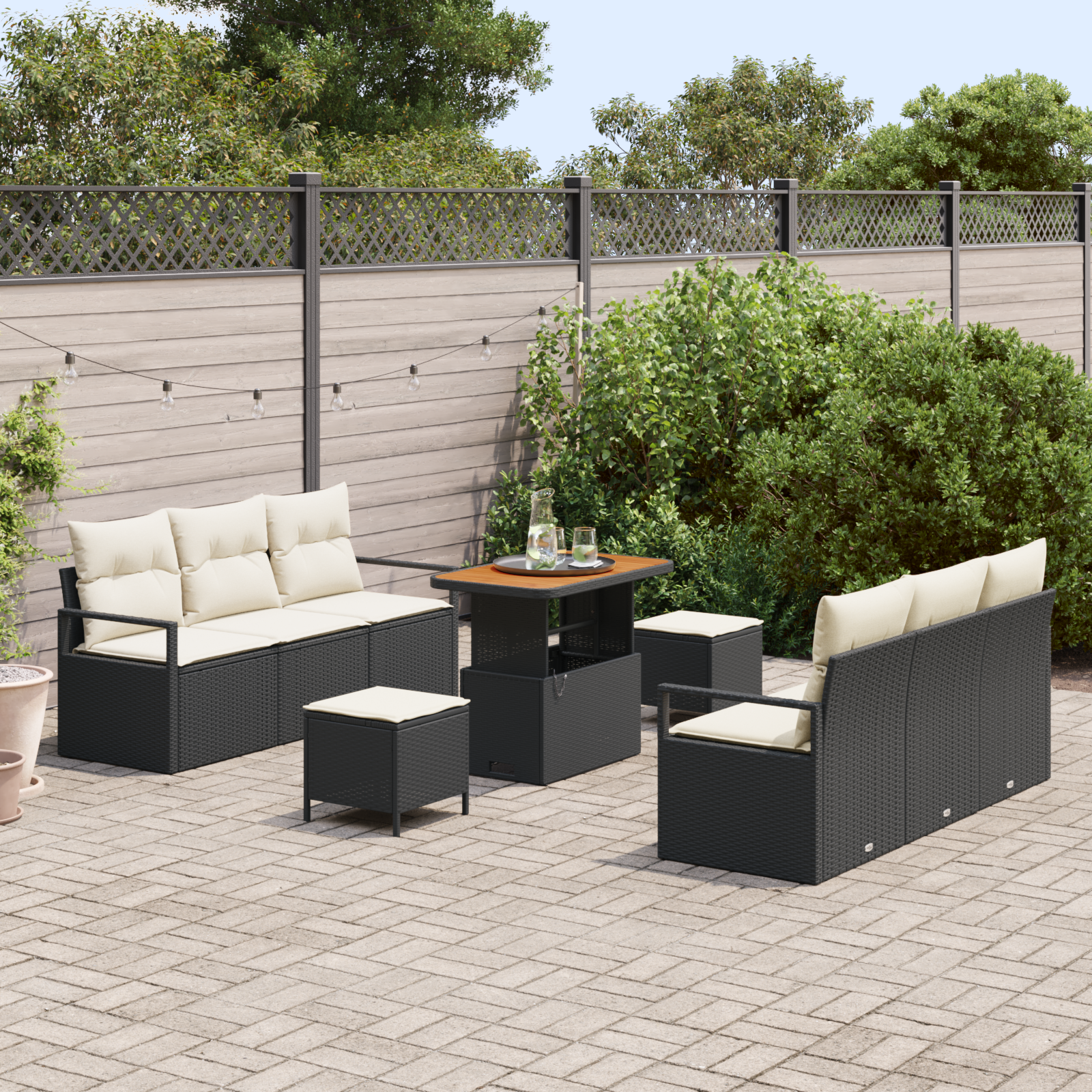Set de canapea de grădină cu 9 piese, perne negre din rattan poli și acacia, Set de canapea de grădină pentru 2 persoane, perne negre din rattan poli, Set dining de grădină cu 3 piese, perne negre din rattan poli și acacia GartenMobel Dekor