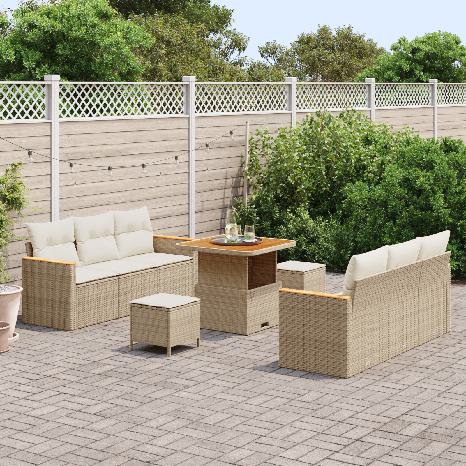 Set canapea grădină 9 piese cu perne Bej Ratan Acacia, Set dining grădină 3 piese cu perne Bej Ratan Acacia GartenMobel Dekor