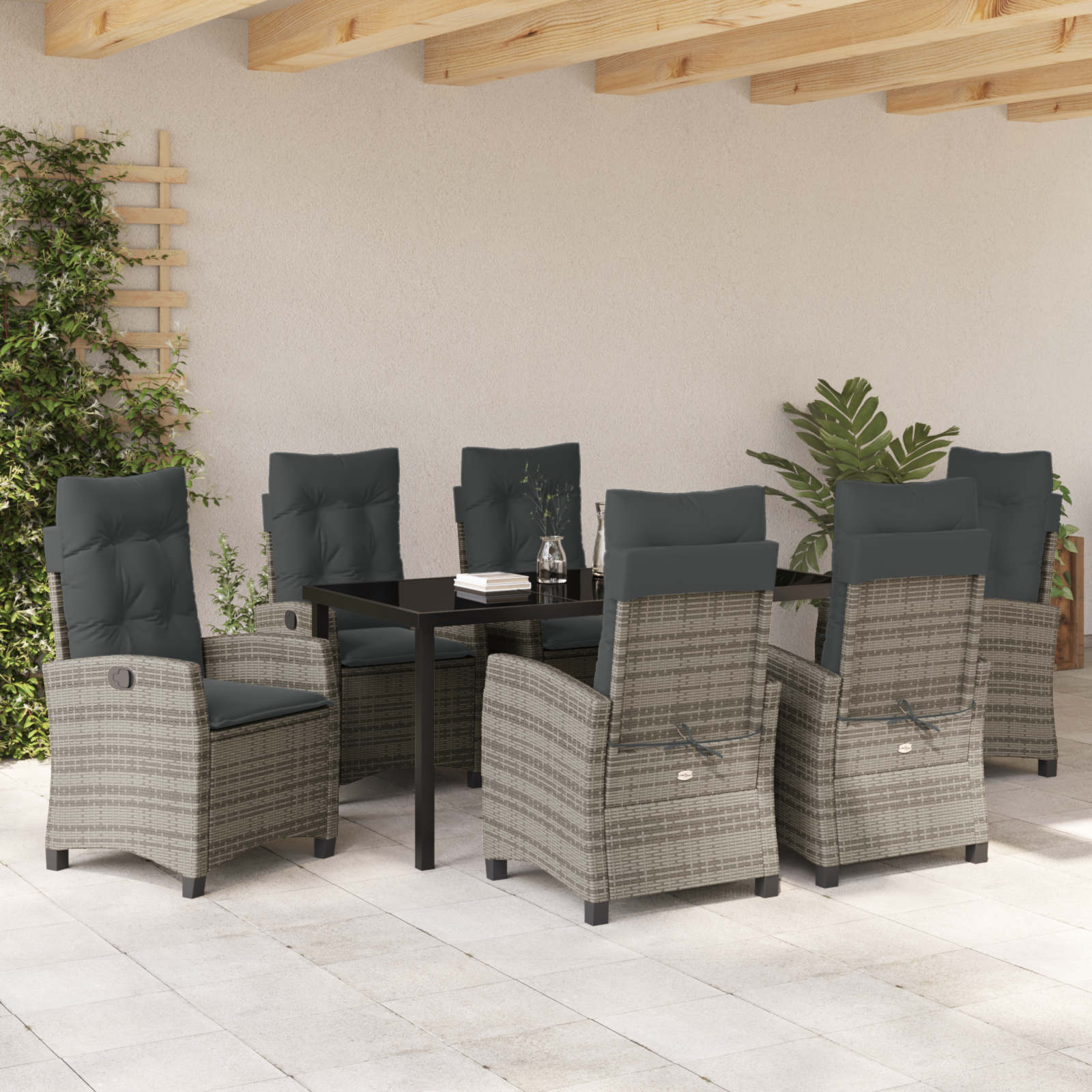 Set Dining Grădină cu 7 Piese Perne Gri Ratan Polimer GartenMobel Dekor