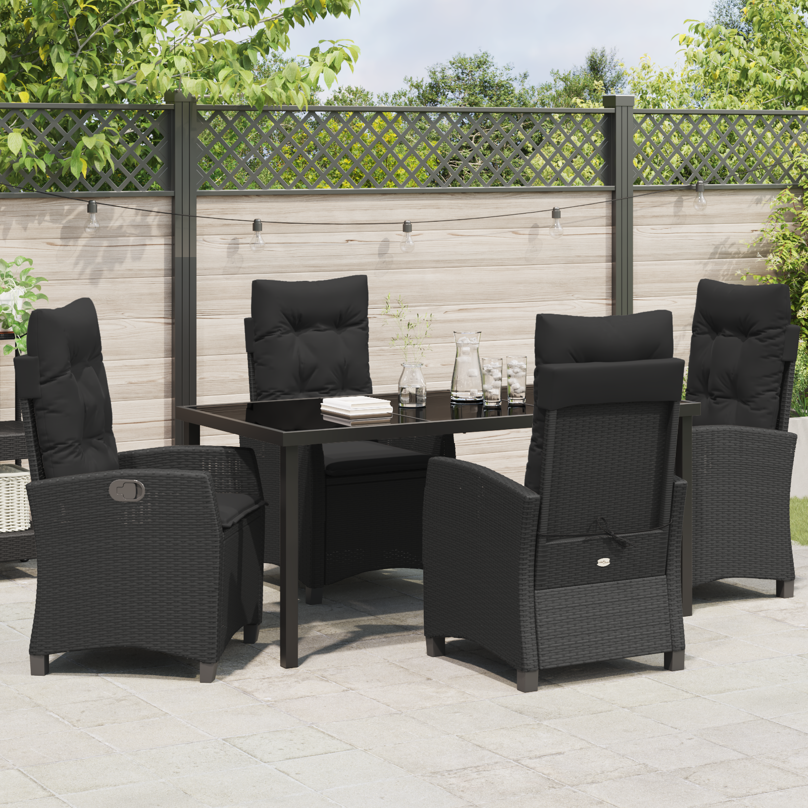 Set de dining pentru grădină , format din 5 piese, cu perne, Ratan Poliratan Negru GartenMobel Dekor