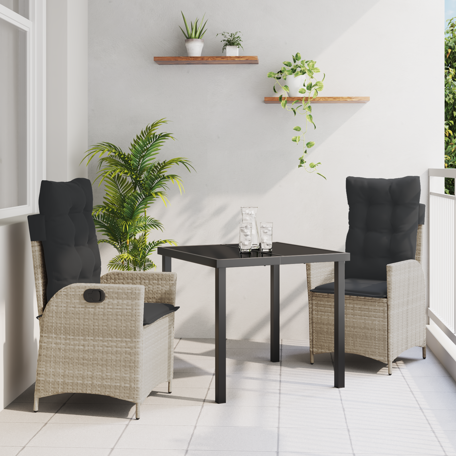 Set de 2 Gri deschis, Antracit Rattan PE, Oțel Vopsit Electrostatic GartenMobel Dekor