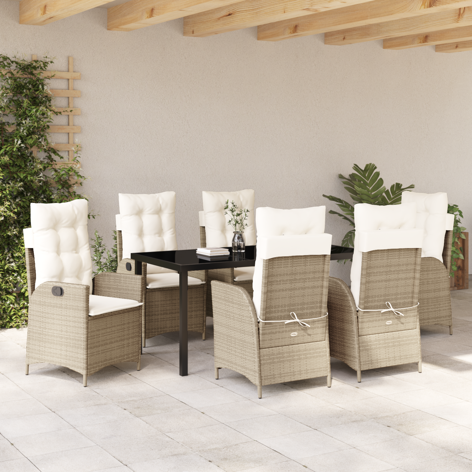 Set de Dining de Grădină de 7 Piese cu Perne Bej din Ratan PE GartenMobel Dekor