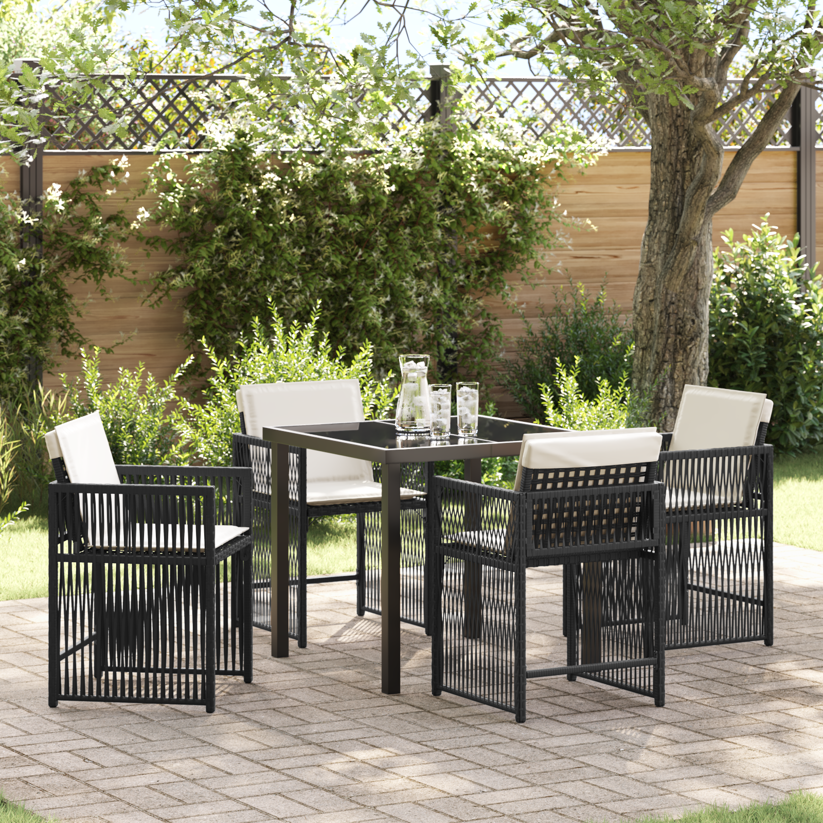 Set de dining pentru grădină cu 5 piese și perne, Negru, Poliratan GartenMobel Dekor