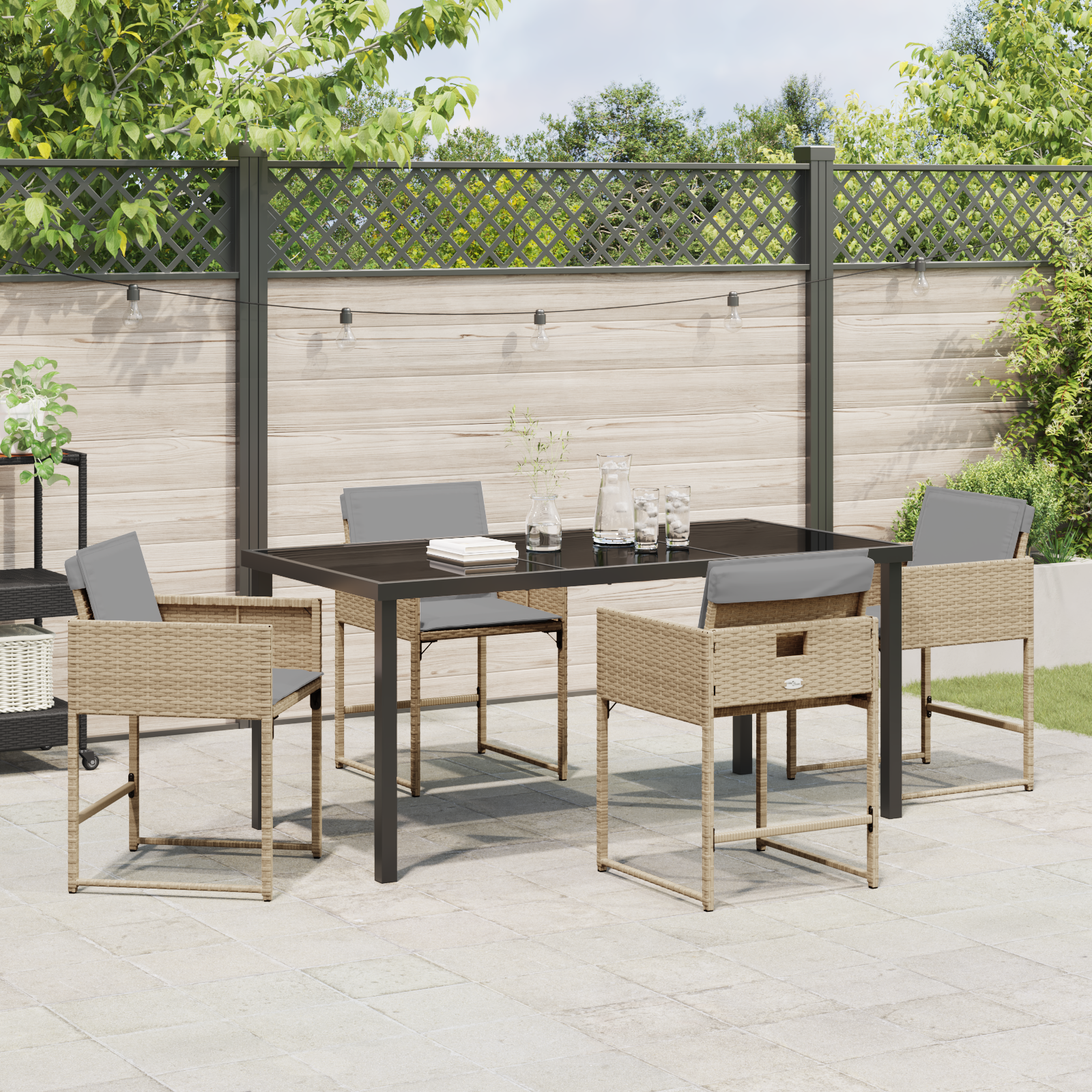 Set de Masă pentru Grădină  cu Pernuțe Bej din Ratan Polimer, Masa pentru Grădină  Neagră 160x80x73 cm cu Sticlă Securizată GartenMobel Dekor