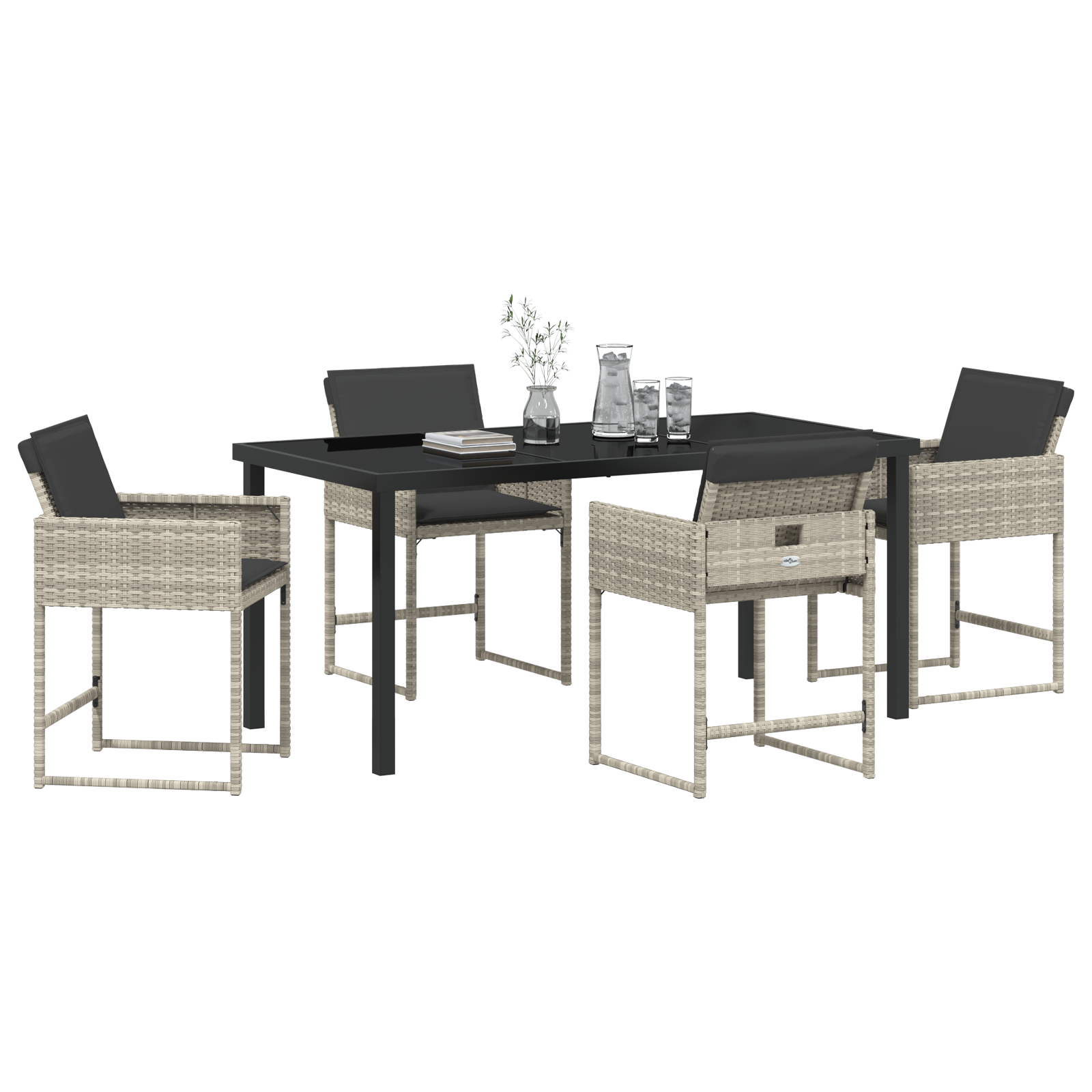 Set de mese pentru grădină  cu perne gri deschis din poliratan, Masă de grădină  neagră 160x80x73 cm cu sticlă securizată GartenMobel Dekor