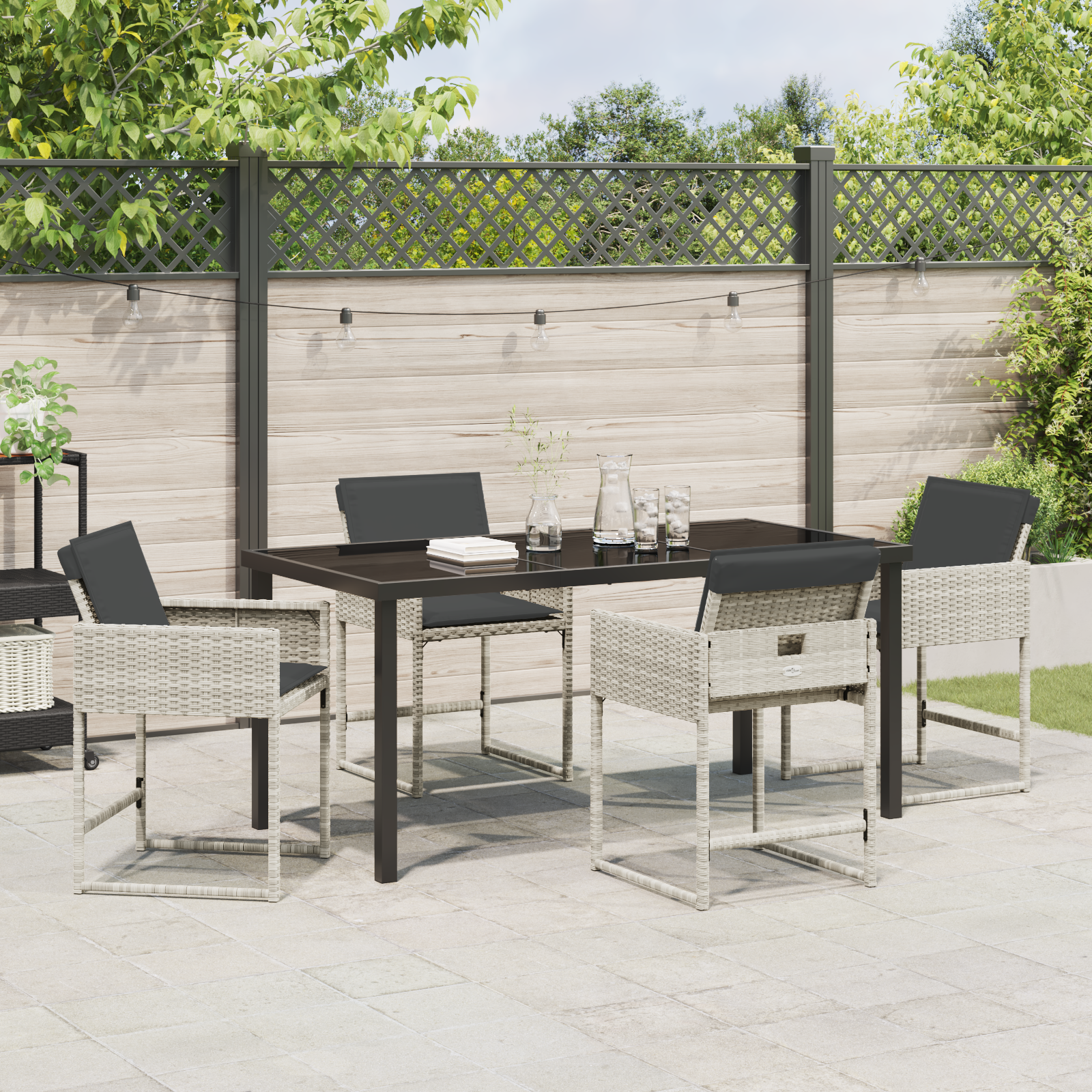 Set de mese pentru grădină  cu perne gri deschis din poliratan, Masă de grădină  neagră 160x80x73 cm cu sticlă securizată GartenMobel Dekor