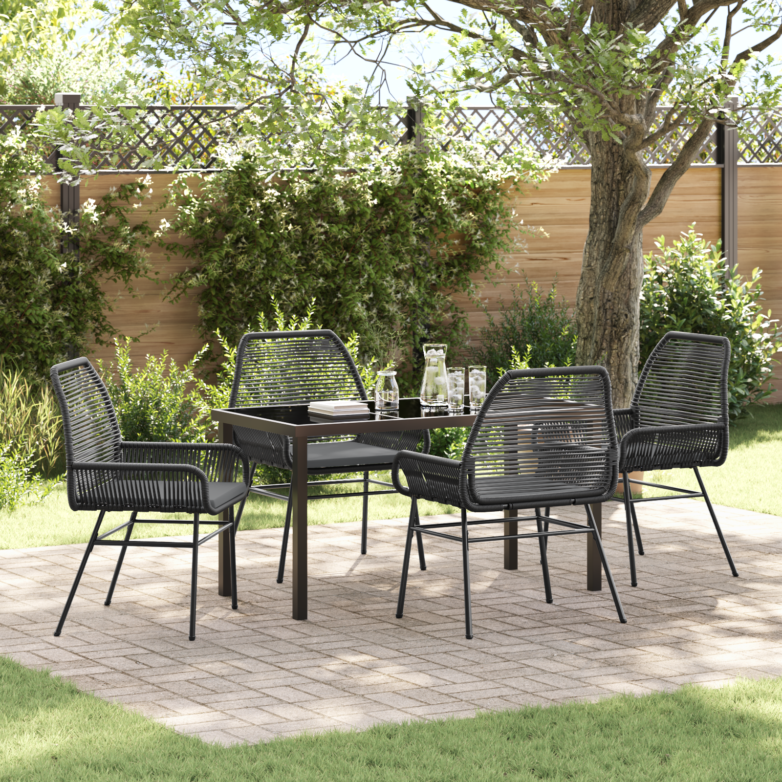 Set de 5 Piese pentru Cină în Grădină cu Pernițe Negru din Ratan Poly GartenMobel Dekor