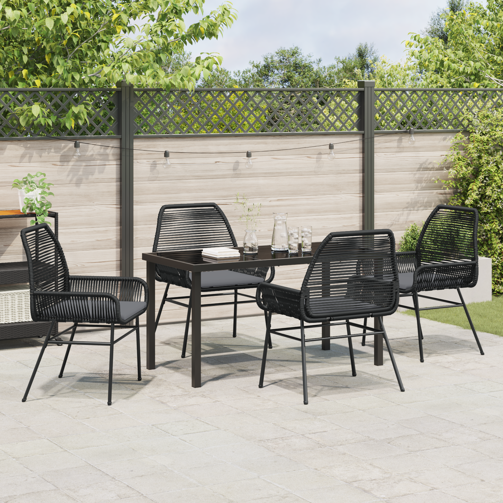 Set de 5 Piese pentru Cină în Grădină cu Pernițe Negru din Ratan Poly GartenMobel Dekor
