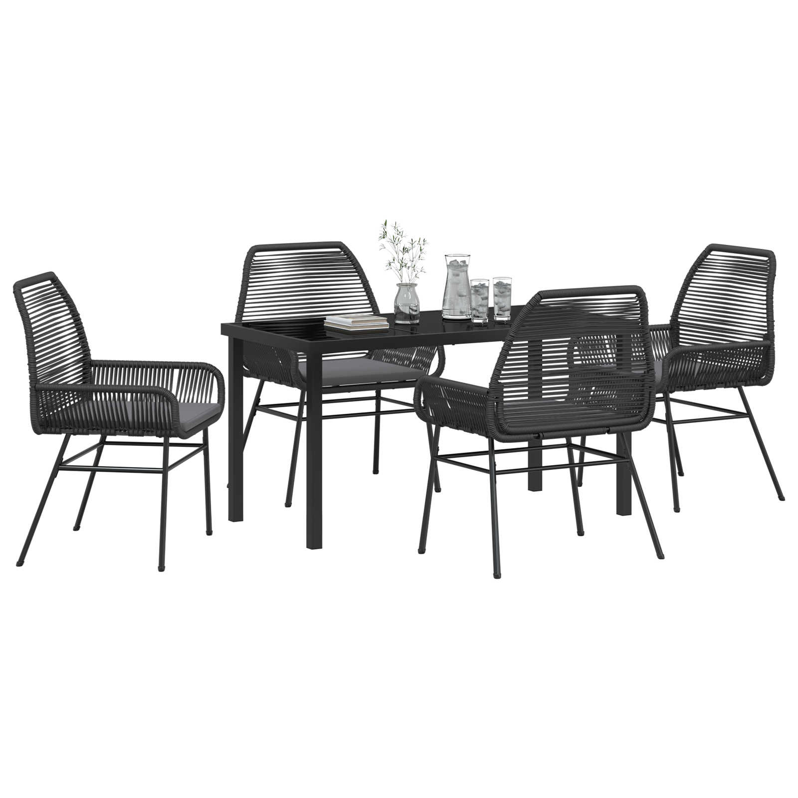 Set de 5 Piese pentru Cină în Grădină cu Pernițe Negru din Ratan Poly GartenMobel Dekor