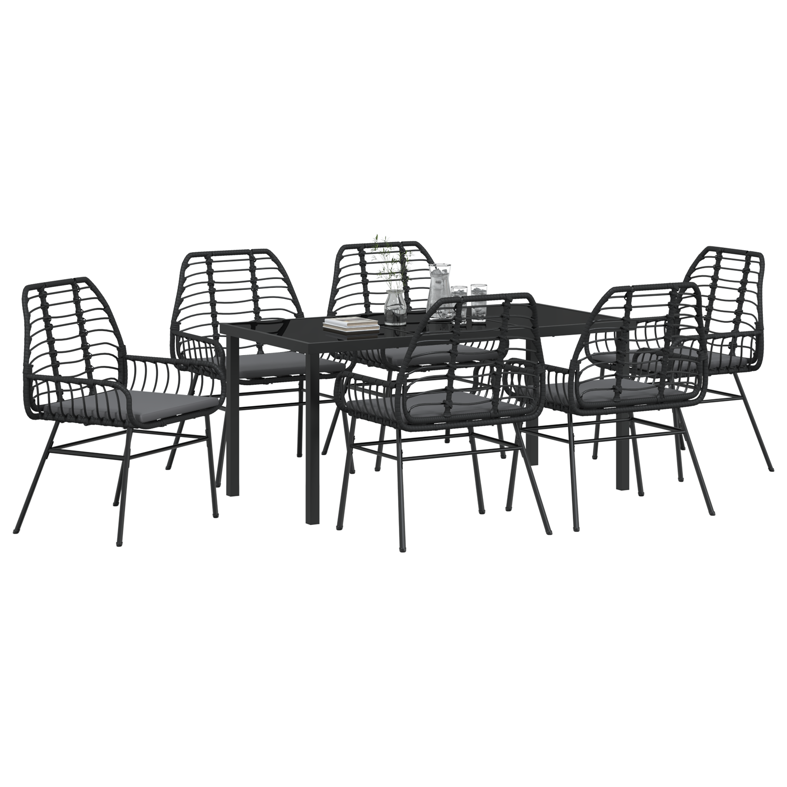 Set de dining de grădină 7 piese cu perne Negru Ratan Poli GartenMobel Dekor