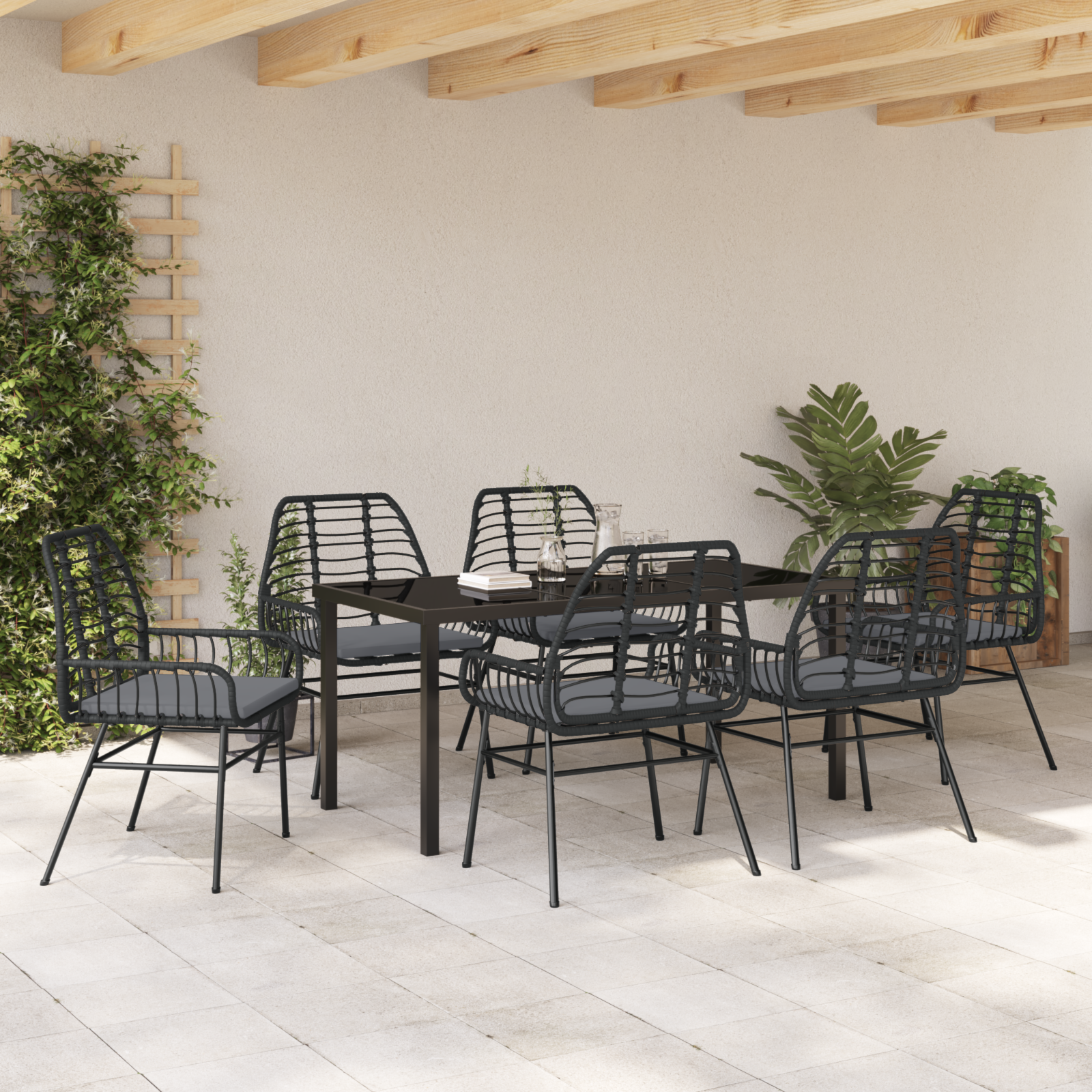 Set de dining de grădină 7 piese cu perne Negru Ratan Poli GartenMobel Dekor